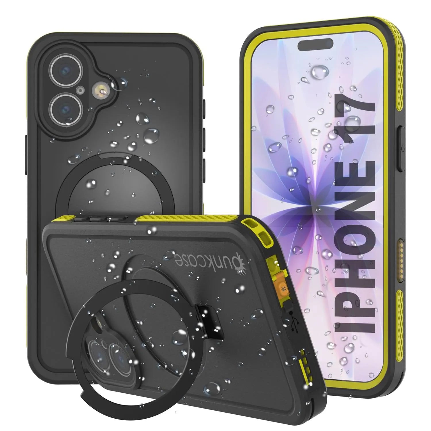 iPhone 17 Waterproof Case [Kickstud 2.0 Series] Protective IP68 Cover W/Screen Protector & Kickstand [Yellow]