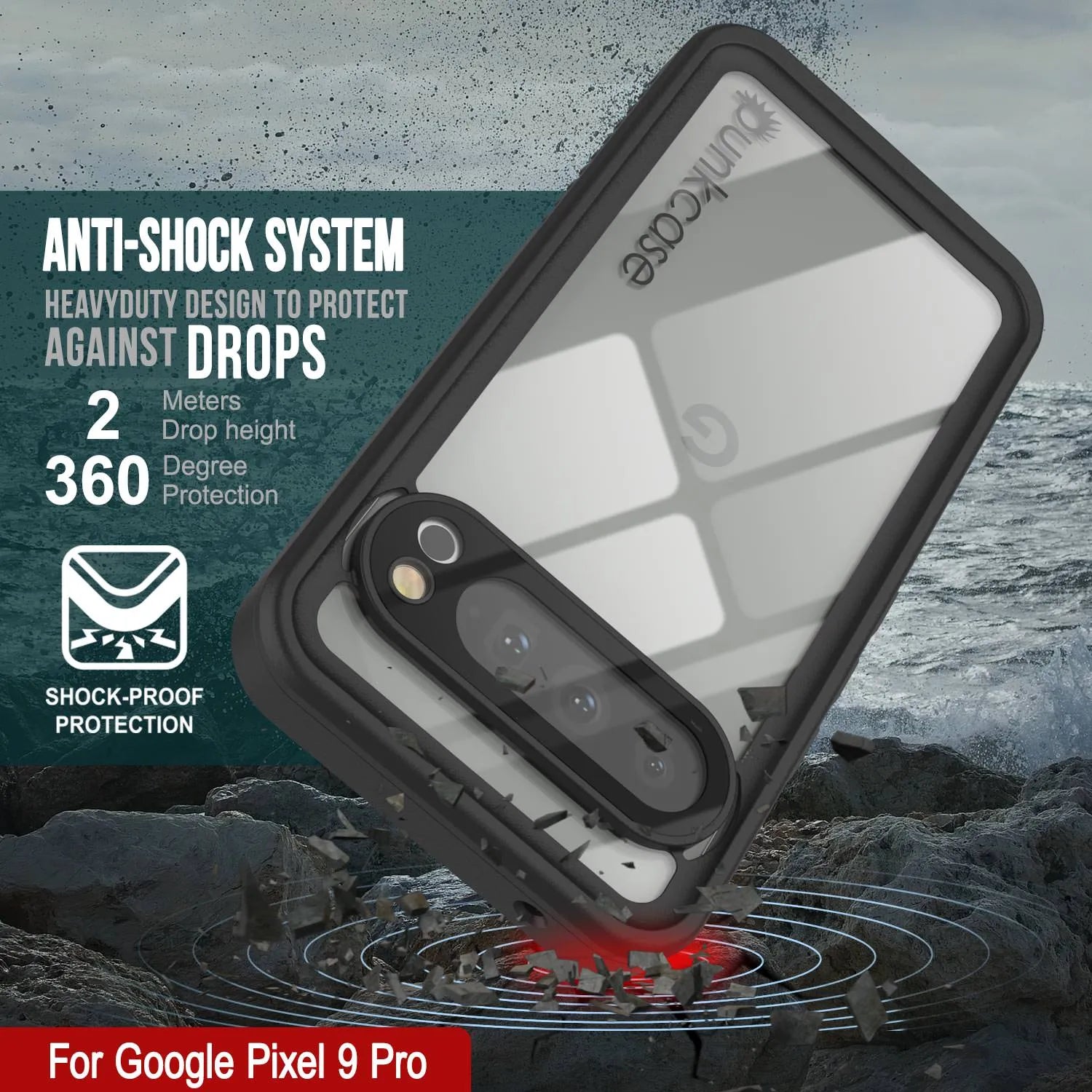 Google Pixel 9 Pro Waterproof Case, Punkcase [Extreme Series] Armor Cover W/ Built In Screen Protector [Red]