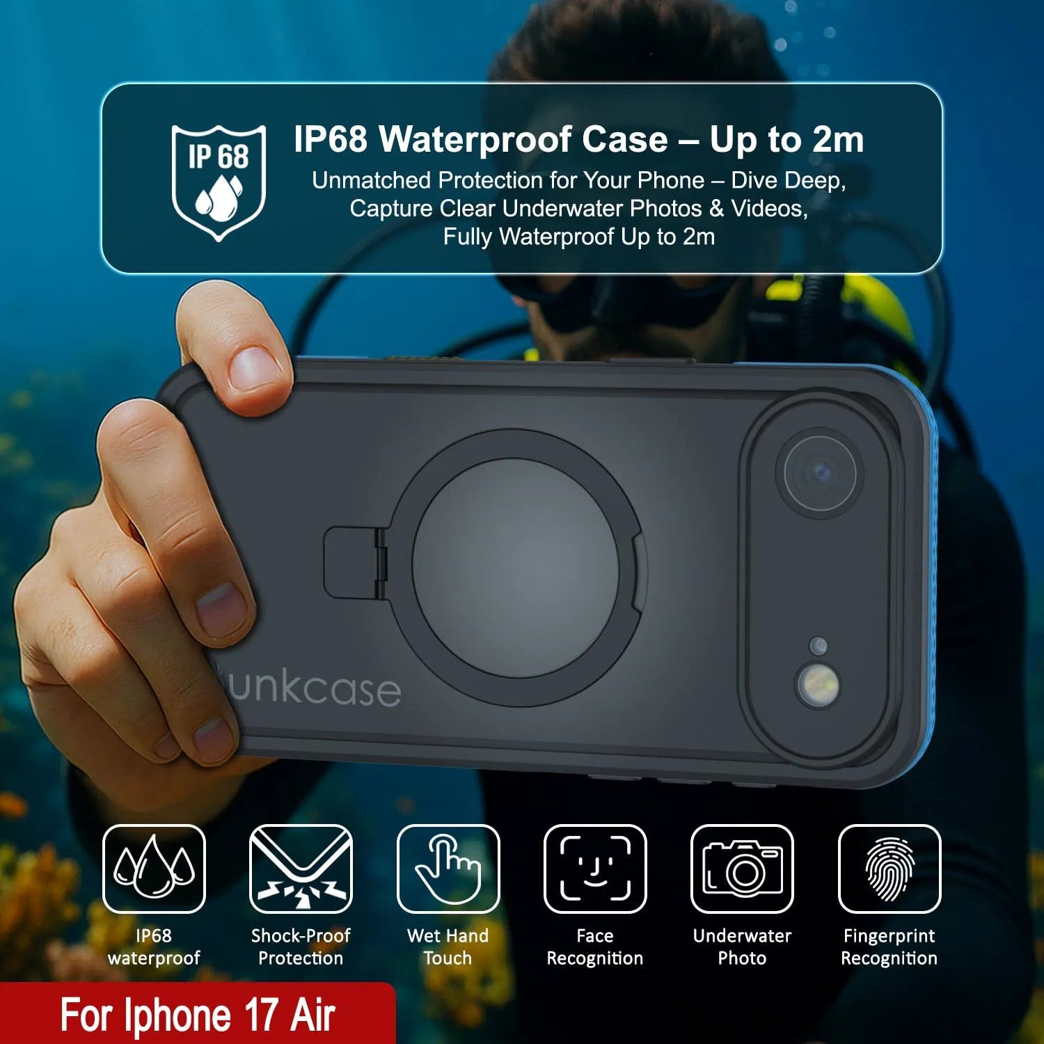 iPhone 17 Air Waterproof Case [Kickstud 2.0 Series] Protective IP68 Cover W/Screen Protector & Kickstand [Blue]