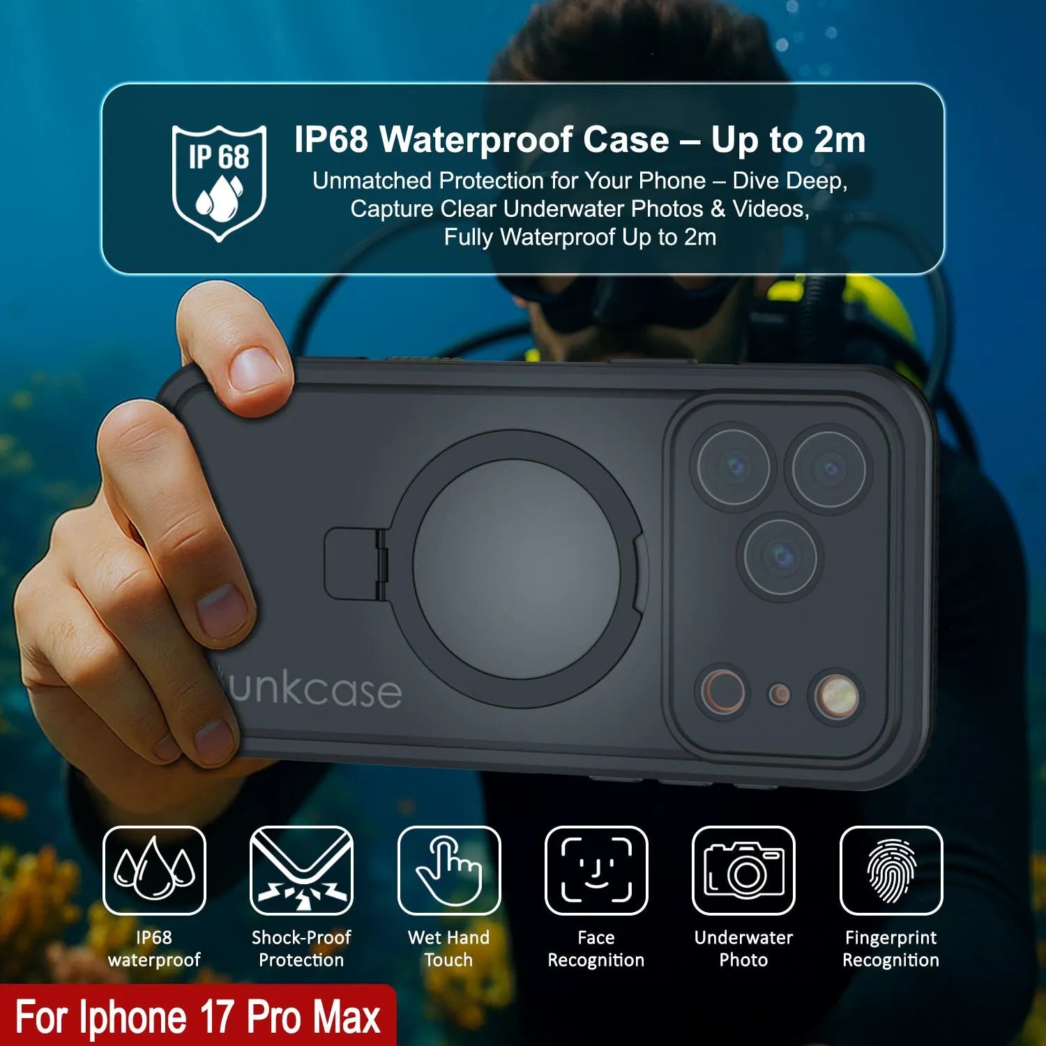 iPhone 17 Pro Max Waterproof Case [Kickstud 2.0 Series] Protective IP68 Cover W/Screen Protector & Kickstand [Black]