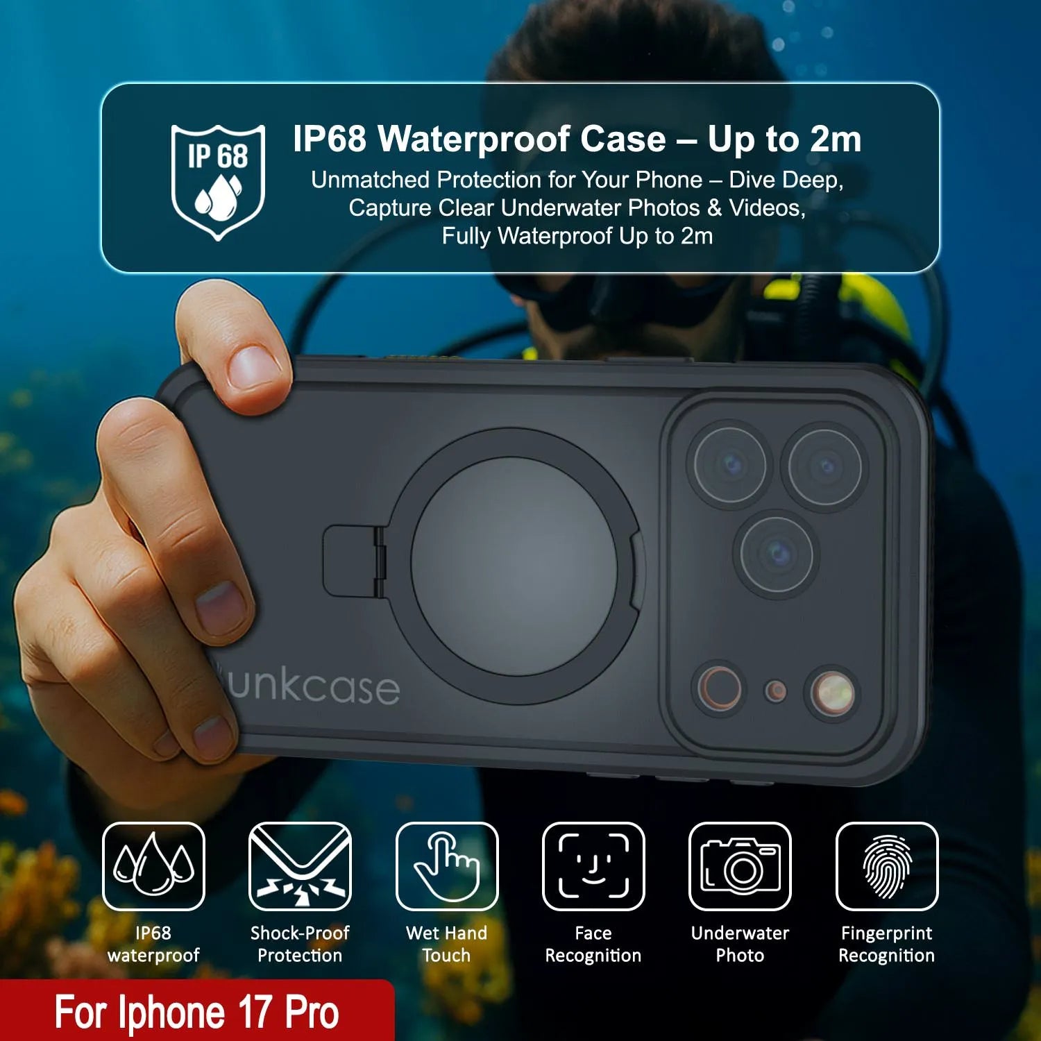 iPhone 17 pro Waterproof Case [Kickstud 2.0 Series] Protective IP68 Cover W/Screen Protector & Kickstand [Black]