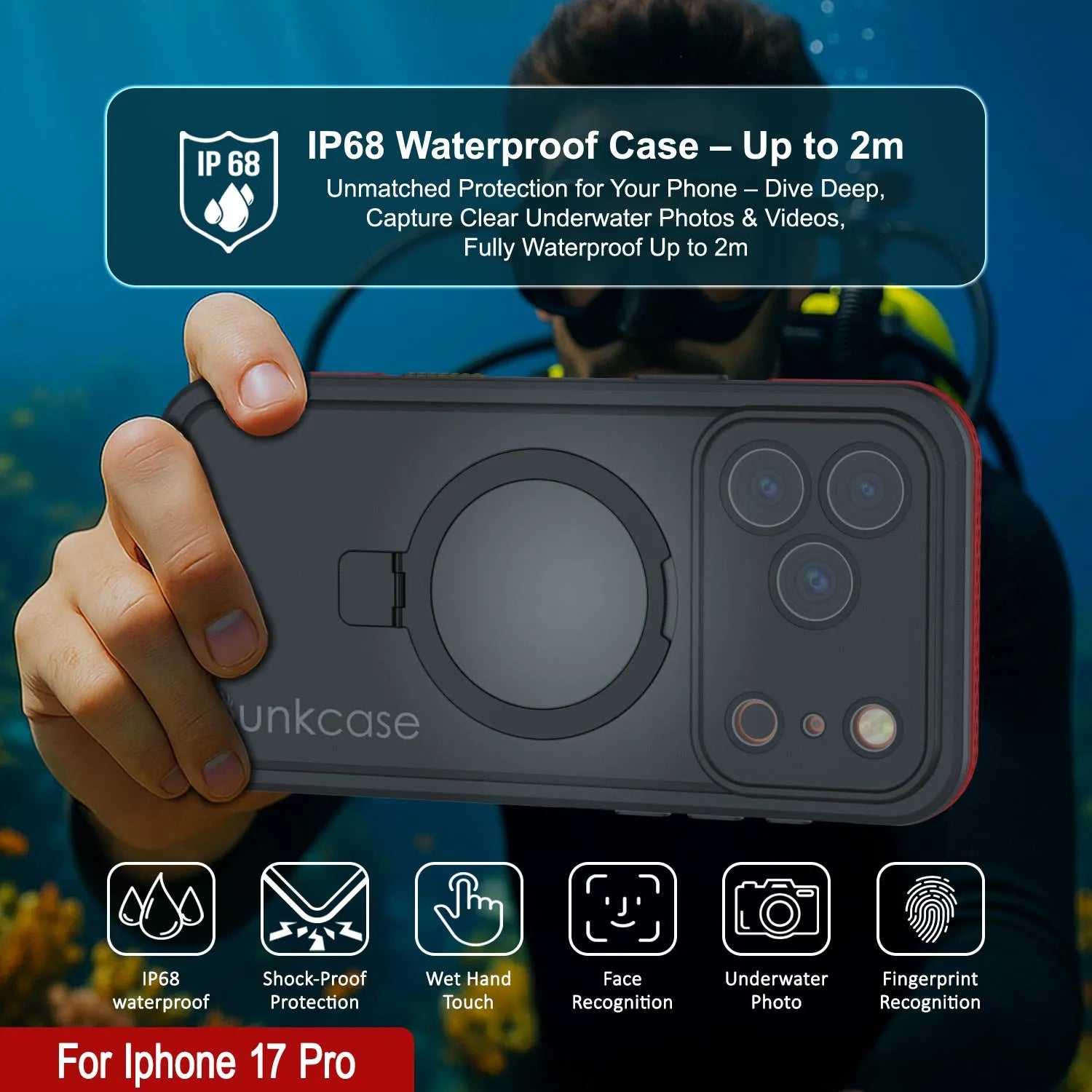 iPhone 17 pro Waterproof Case [Kickstud 2.0 Series] Protective IP68 Cover W/Screen Protector & Kickstand [Red]
