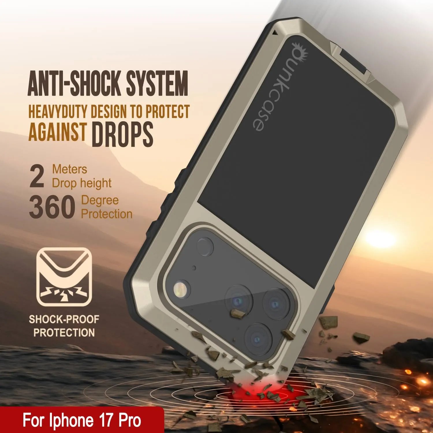 iPhone 17 Pro Metal Case, Heavy Duty Military Grade Armor Cover [shock proof] Full Body Hard [Gold]
