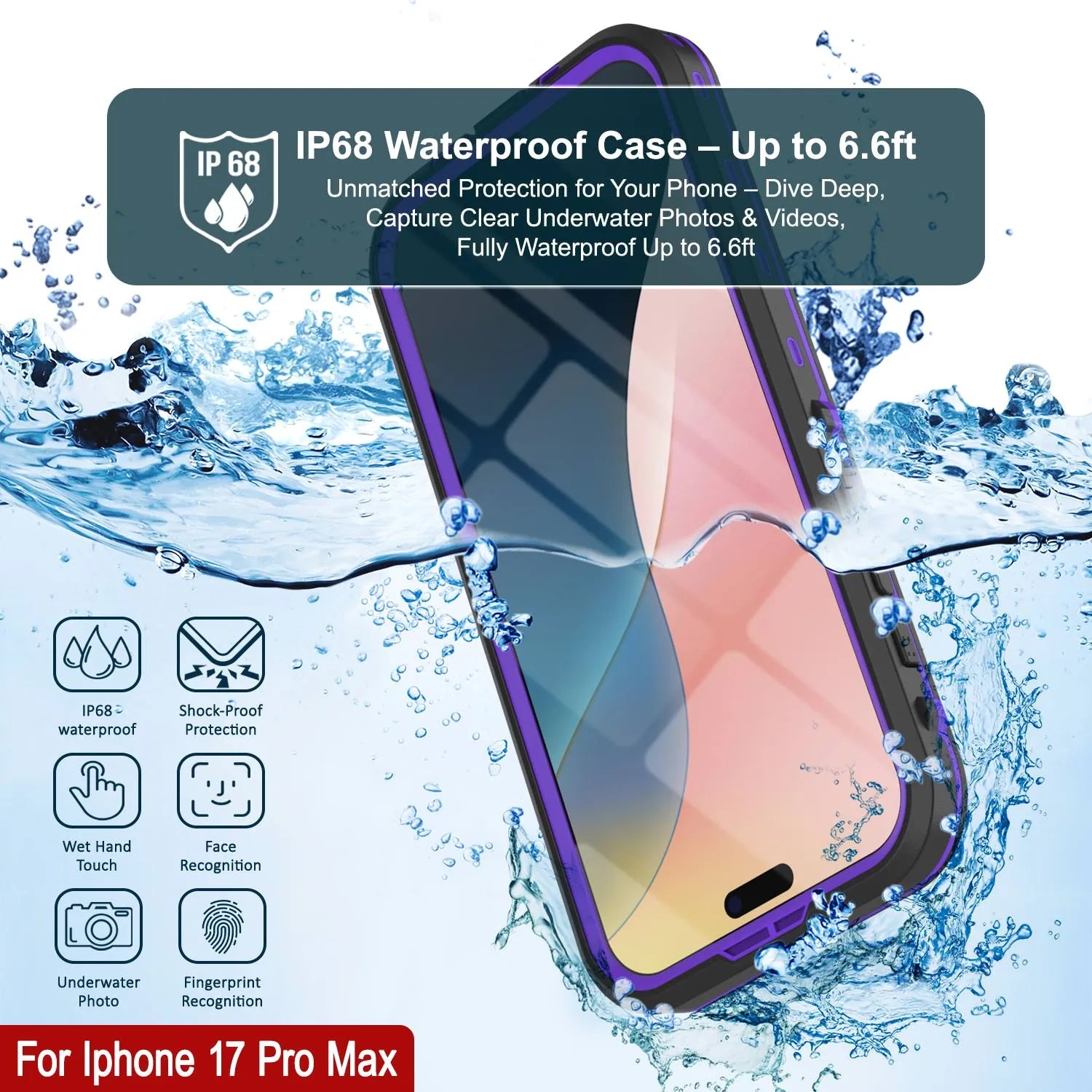 iPhone 17 Pro Max Waterproof IP68 Case, Punkcase [Purple] [StudStar Series] [Slim Fit] [Dirtproof]
