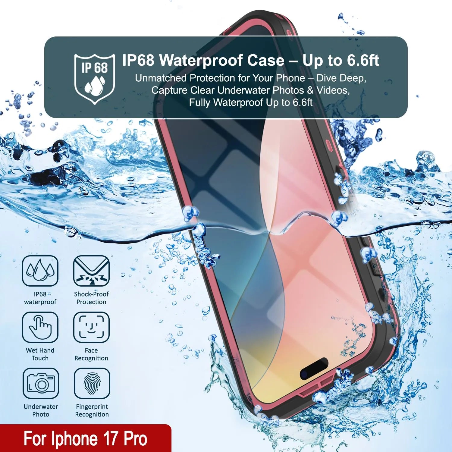 iPhone 17 Pro Waterproof IP68 Case, Punkcase [Pink] [StudStar Series] [Slim Fit] [Dirtproof]