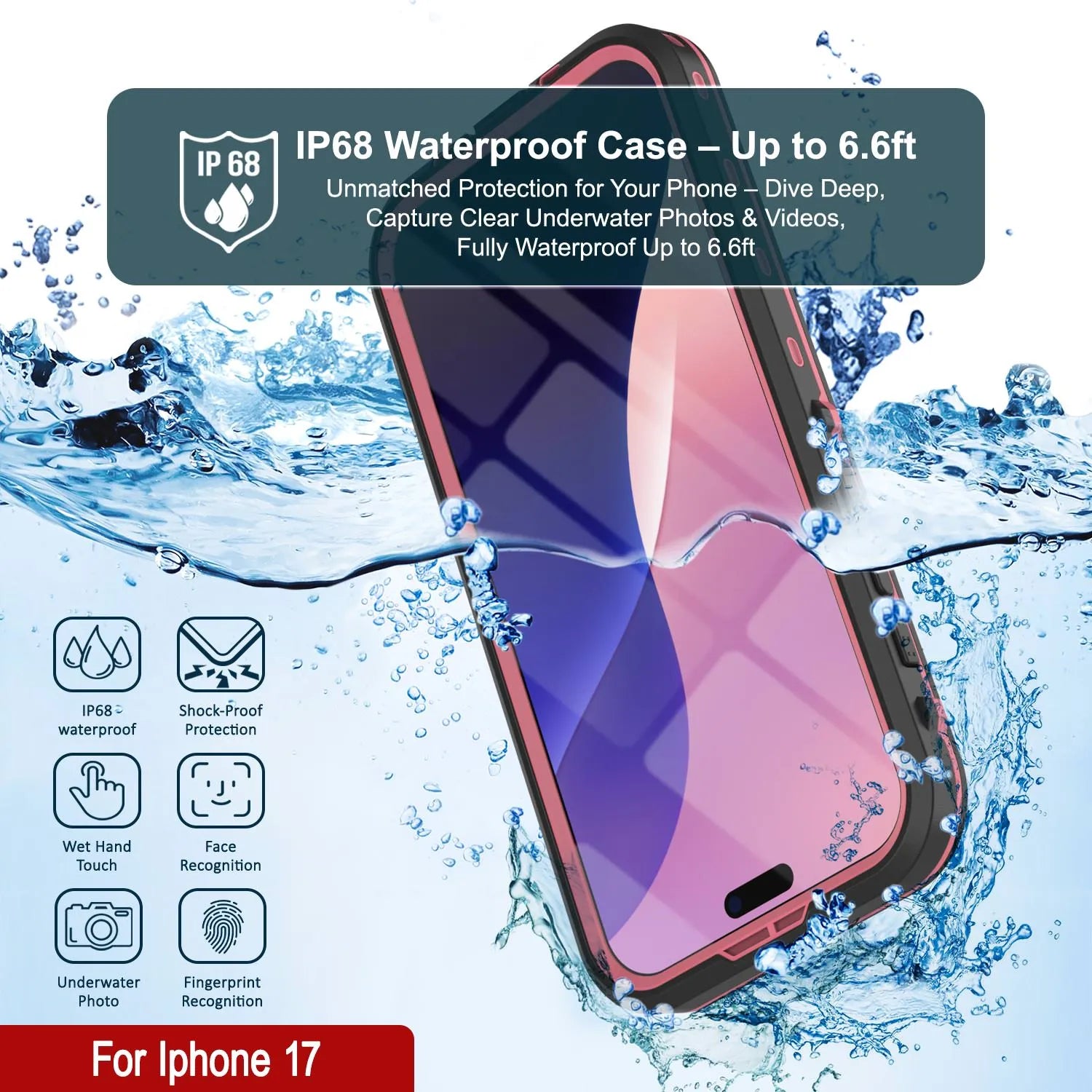 iPhone 17 Waterproof IP68 Case, Punkcase [Pink] [StudStar Series] [Slim Fit] [Dirtproof]