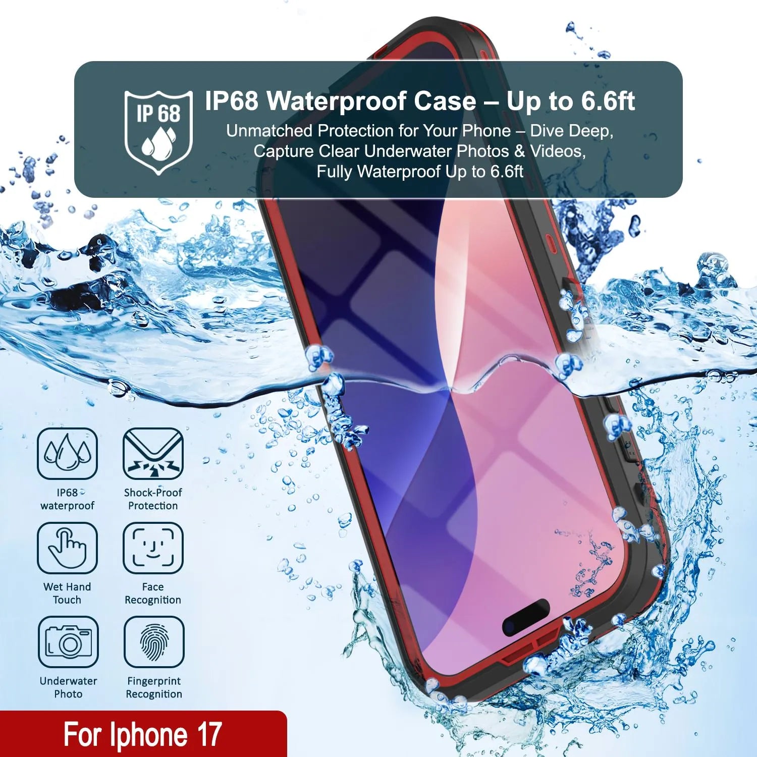 iPhone 17 Waterproof IP68 Case, Punkcase [Red] [StudStar Series] [Slim Fit]