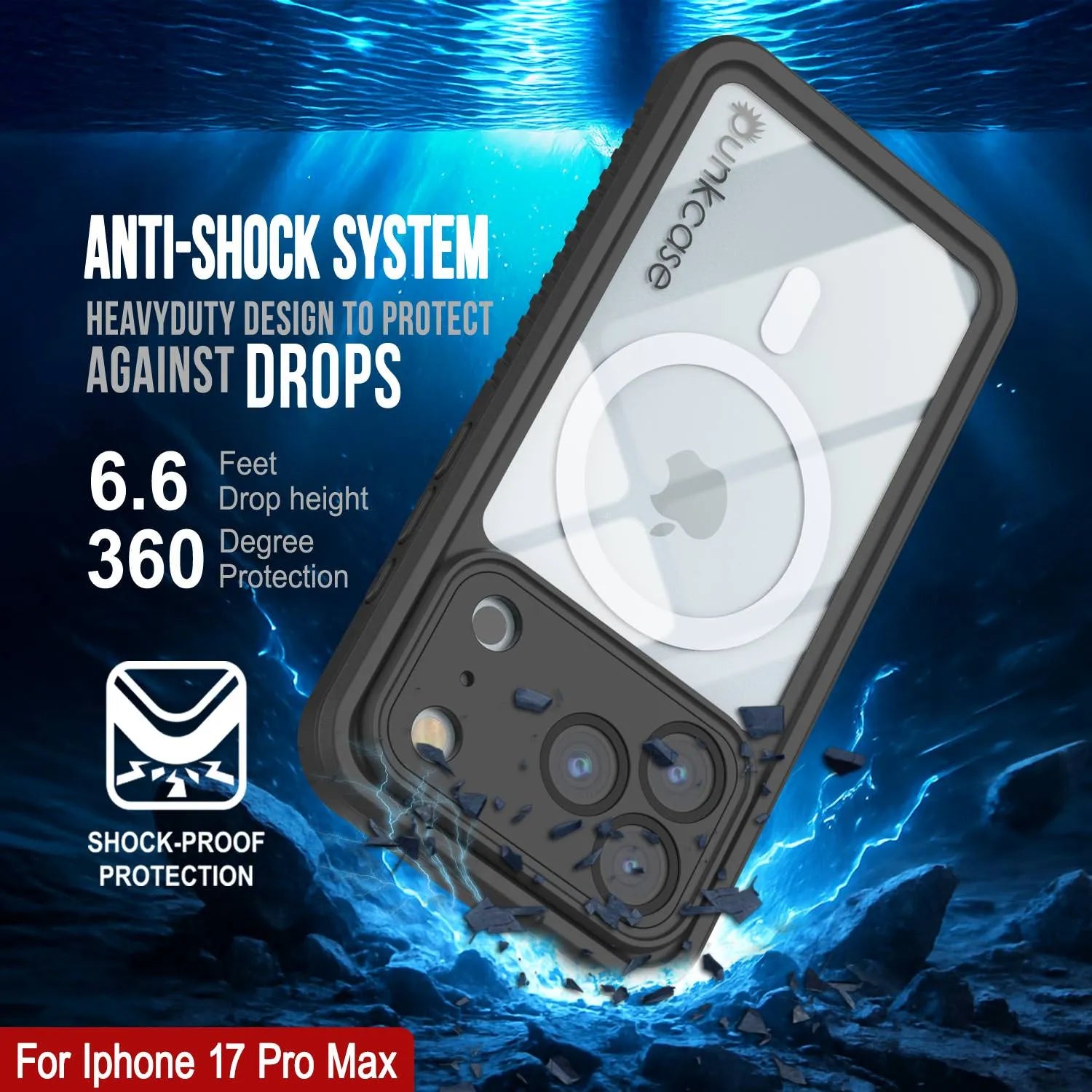 iPhone 17 Pro Max Waterproof Case, Punkcase [Extreme Series] Armor Cover W/ Built In Screen Protector [Black]