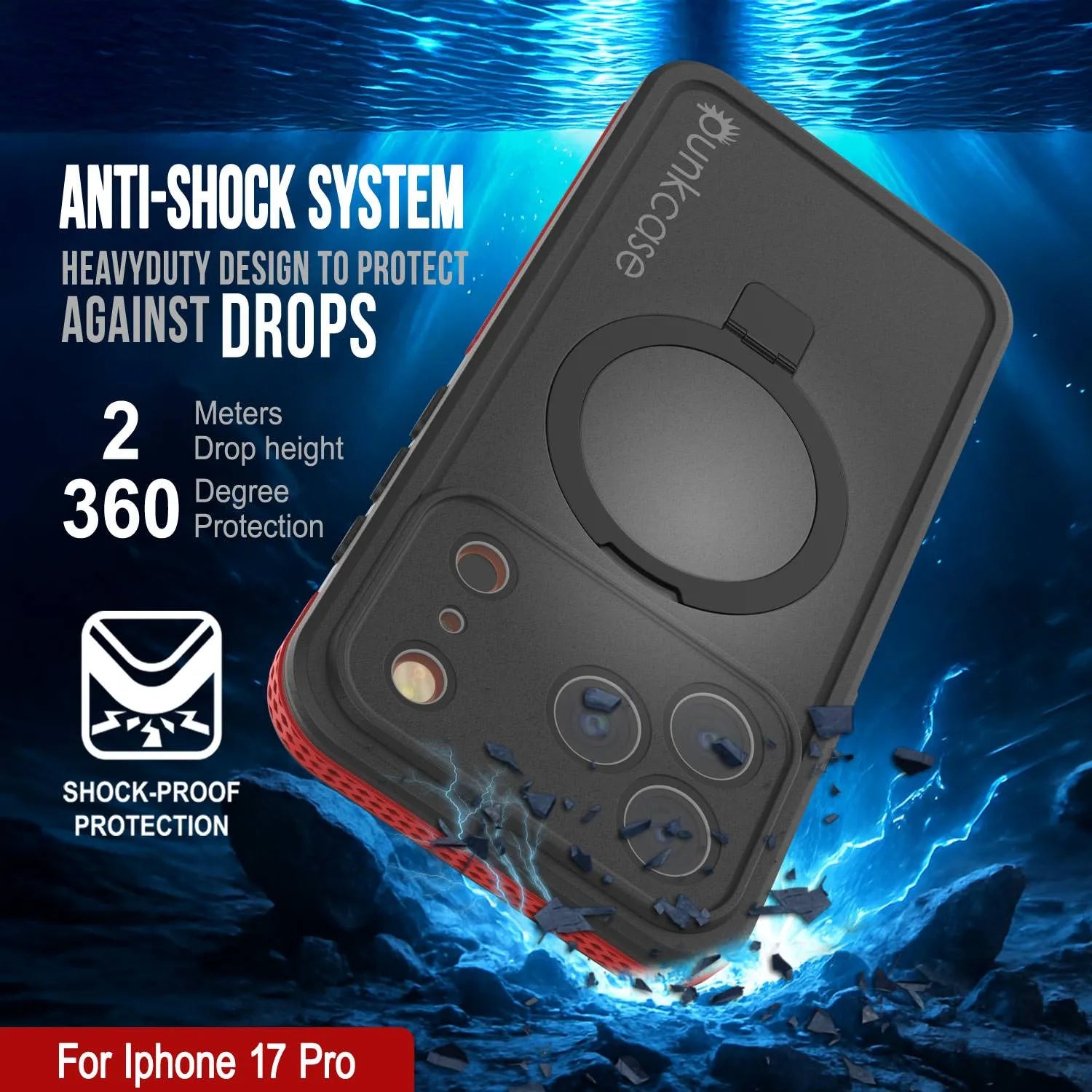 iPhone 17 pro Waterproof Case [Kickstud 2.0 Series] Protective IP68 Cover W/Screen Protector & Kickstand [Red]