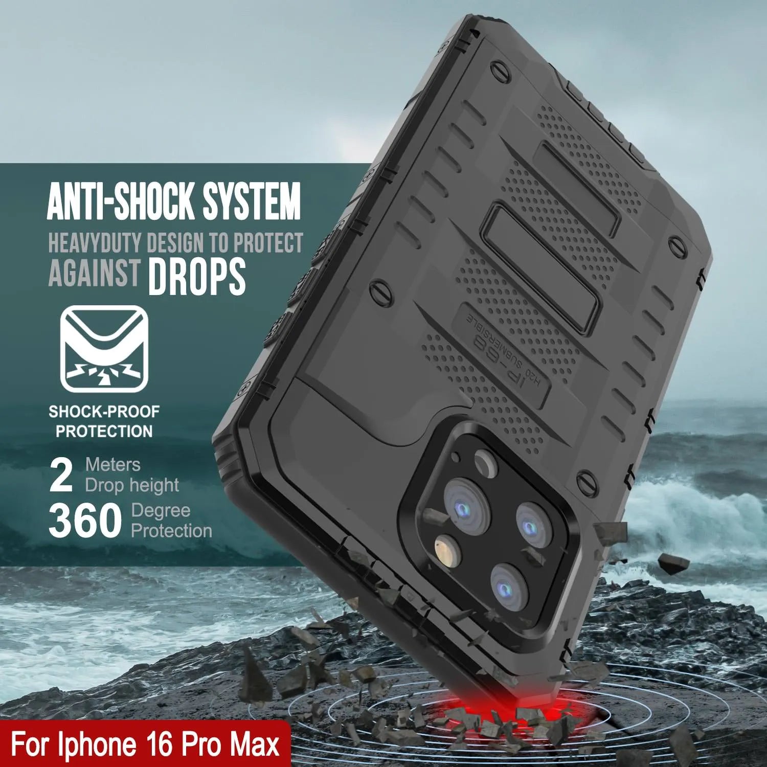 iPhone 16 Pro Max Metal Extreme 3.0 Series Aluminum Waterproof Case IP68 W/Buillt in Screen Protector & Kickstand [Black]