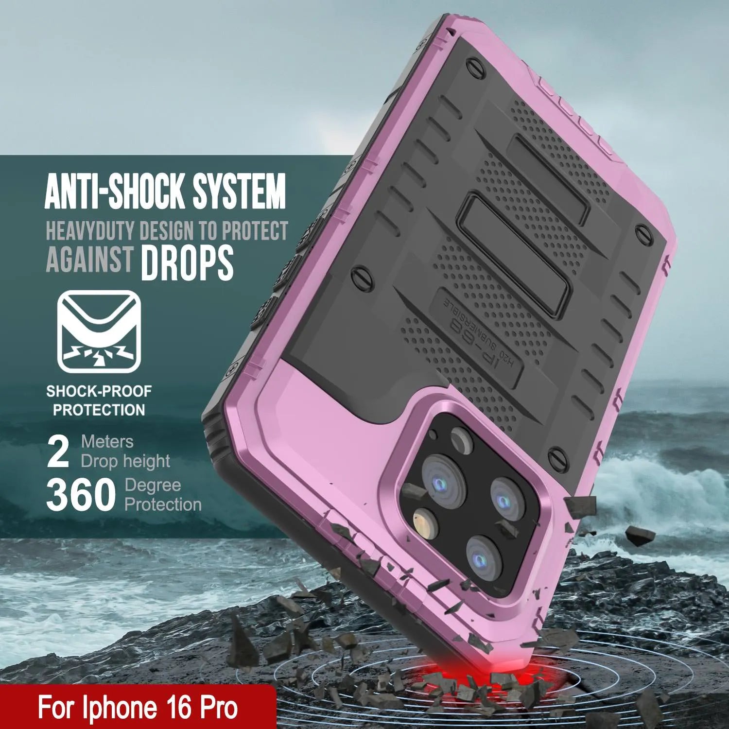iPhone 16 Pro Metal Extreme 3.0 Series Aluminum Waterproof Case IP68 W/Buillt in Screen Protector & Kickstand [Pink]