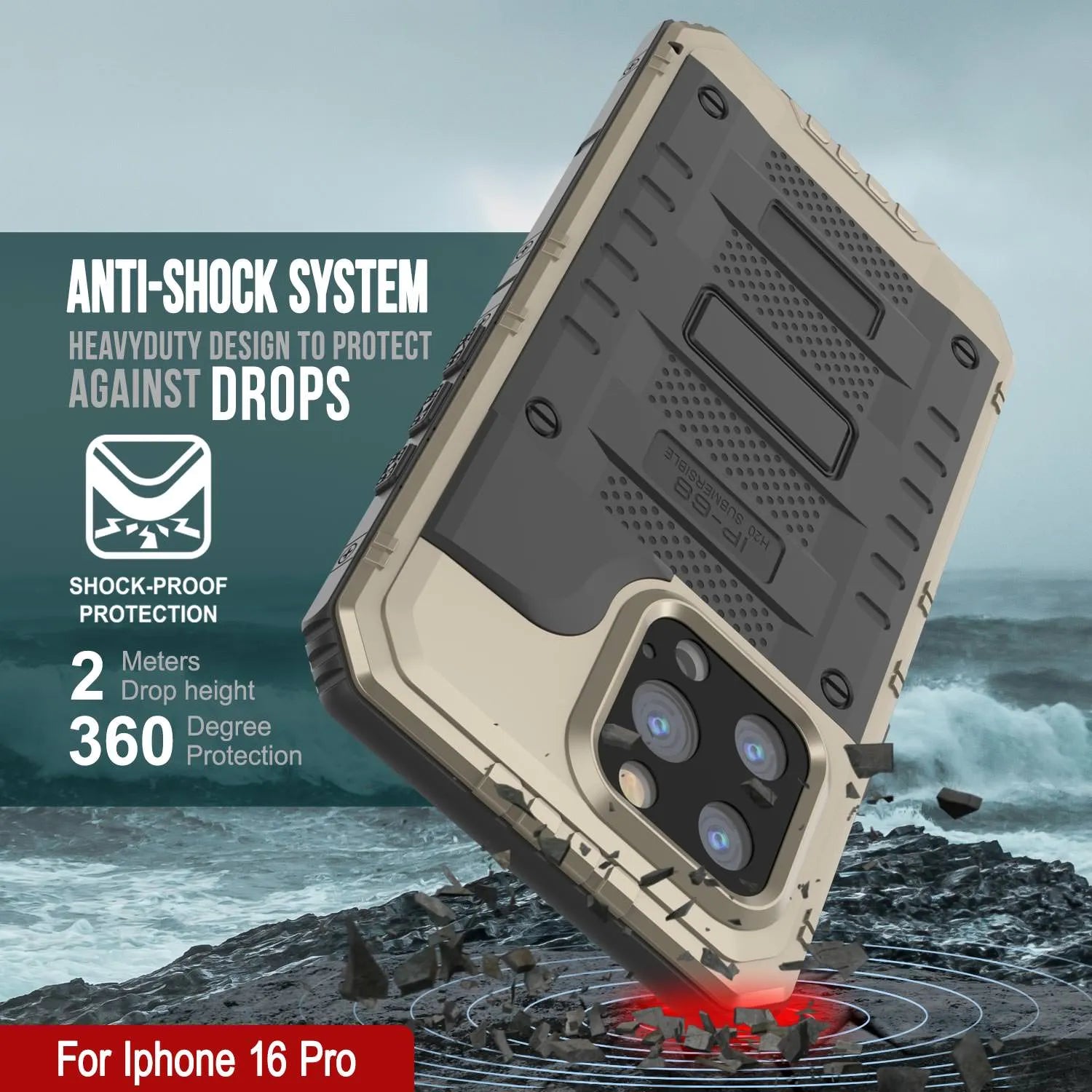 iPhone 16 Pro Metal Extreme 3.0 Series Aluminum Waterproof Case IP68 W/Buillt in Screen Protector & Kickstand [Gold]