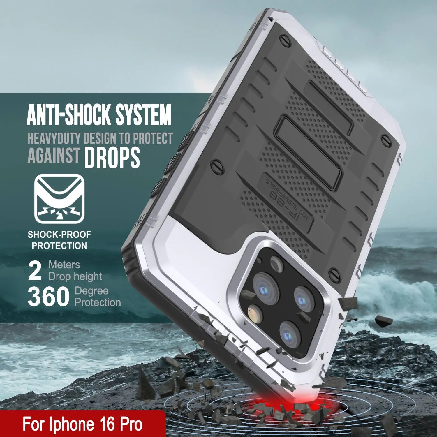 iPhone 16 Pro Metal Extreme 3.0 Series Aluminum Waterproof Case IP68 W/Buillt in Screen Protector & Kickstand [White]