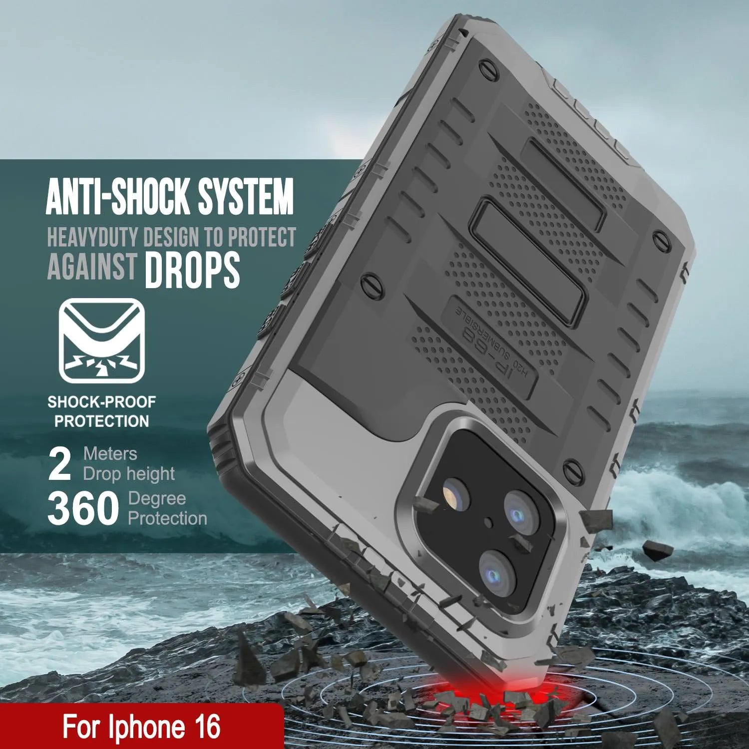 iPhone 16 Metal Extreme 3.0 Series Aluminum Waterproof Case IP68 W/Buillt in Screen Protector & Kickstand [Silver]