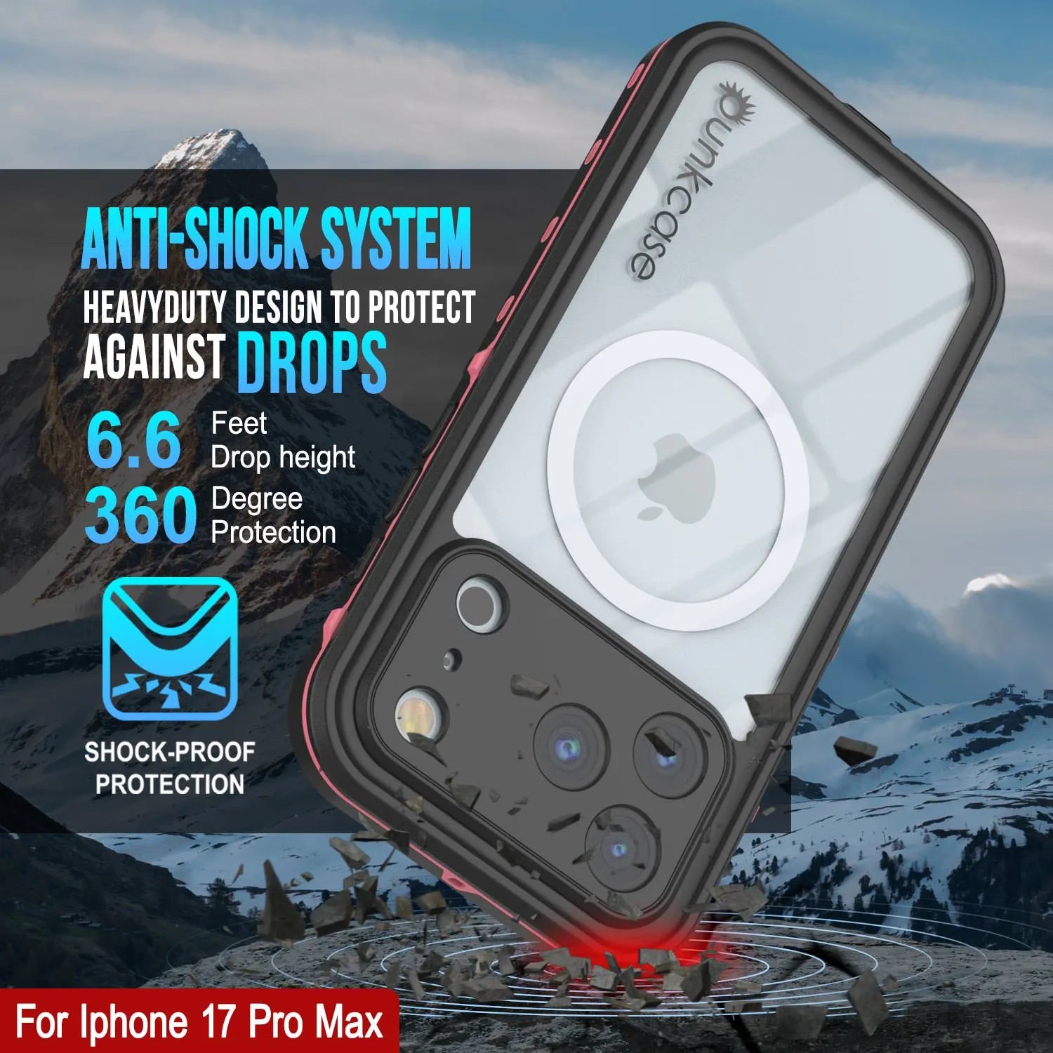 iPhone 17 Pro Max Waterproof IP68 Case, Punkcase [Pink] [StudStar Series] [Slim Fit] [Dirtproof]