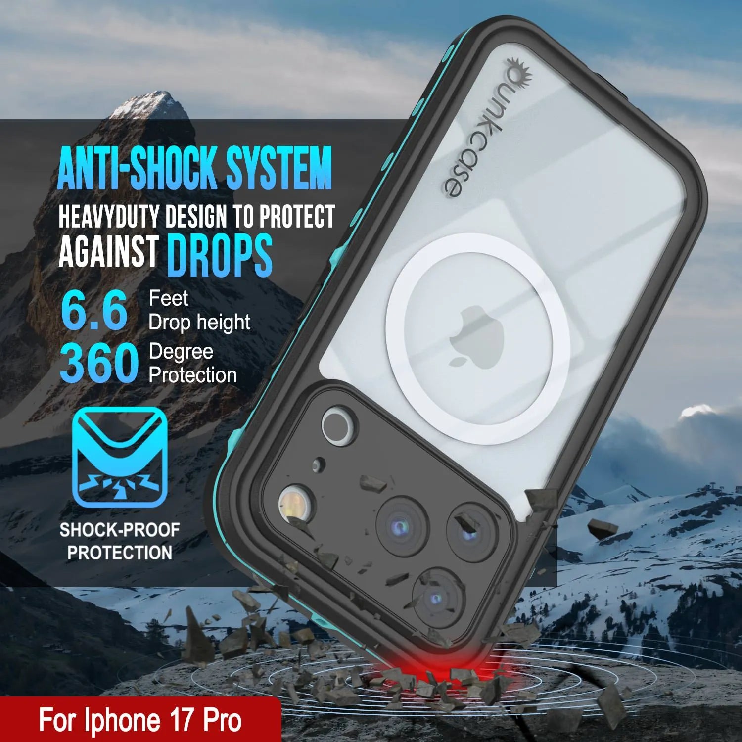 iPhone 17 Pro Waterproof IP68 Case, Punkcase [Teal] [StudStar Series] [Slim Fit]