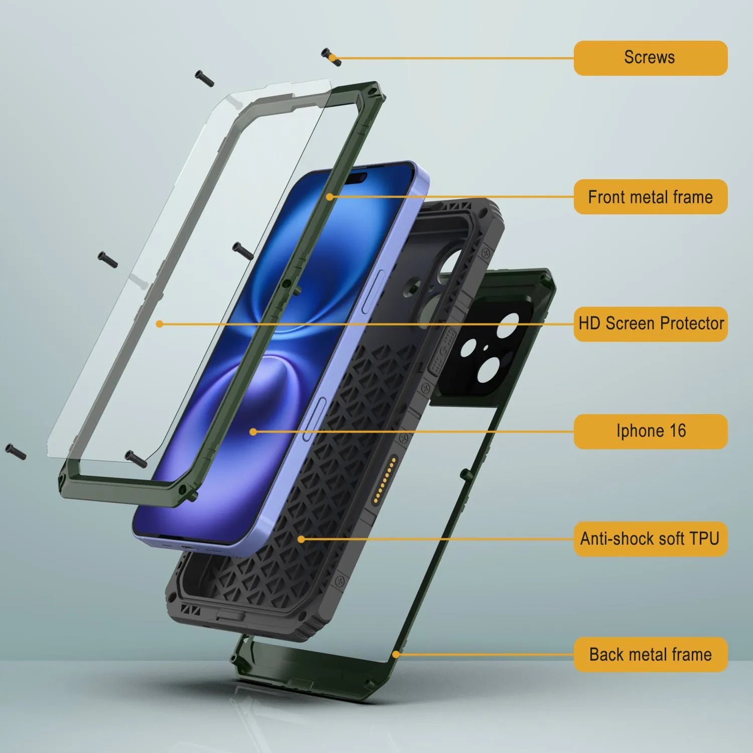 iPhone 16 Metal Extreme 3.0 Series Aluminum Waterproof Case IP68 W/Buillt in Screen Protector & Kickstand [Dark Green]