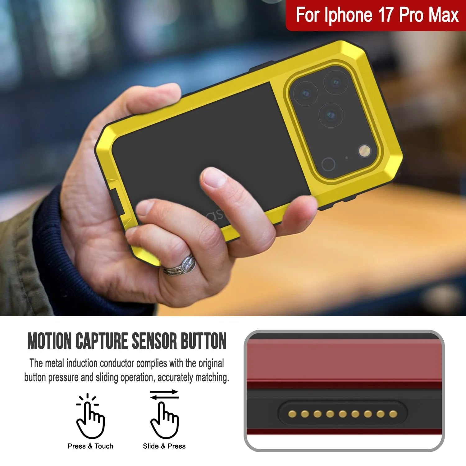 iPhone 17 Pro Max Metal Case, Heavy Duty Military Grade Armor Cover [shock proof] Full Body Hard [Yellow]