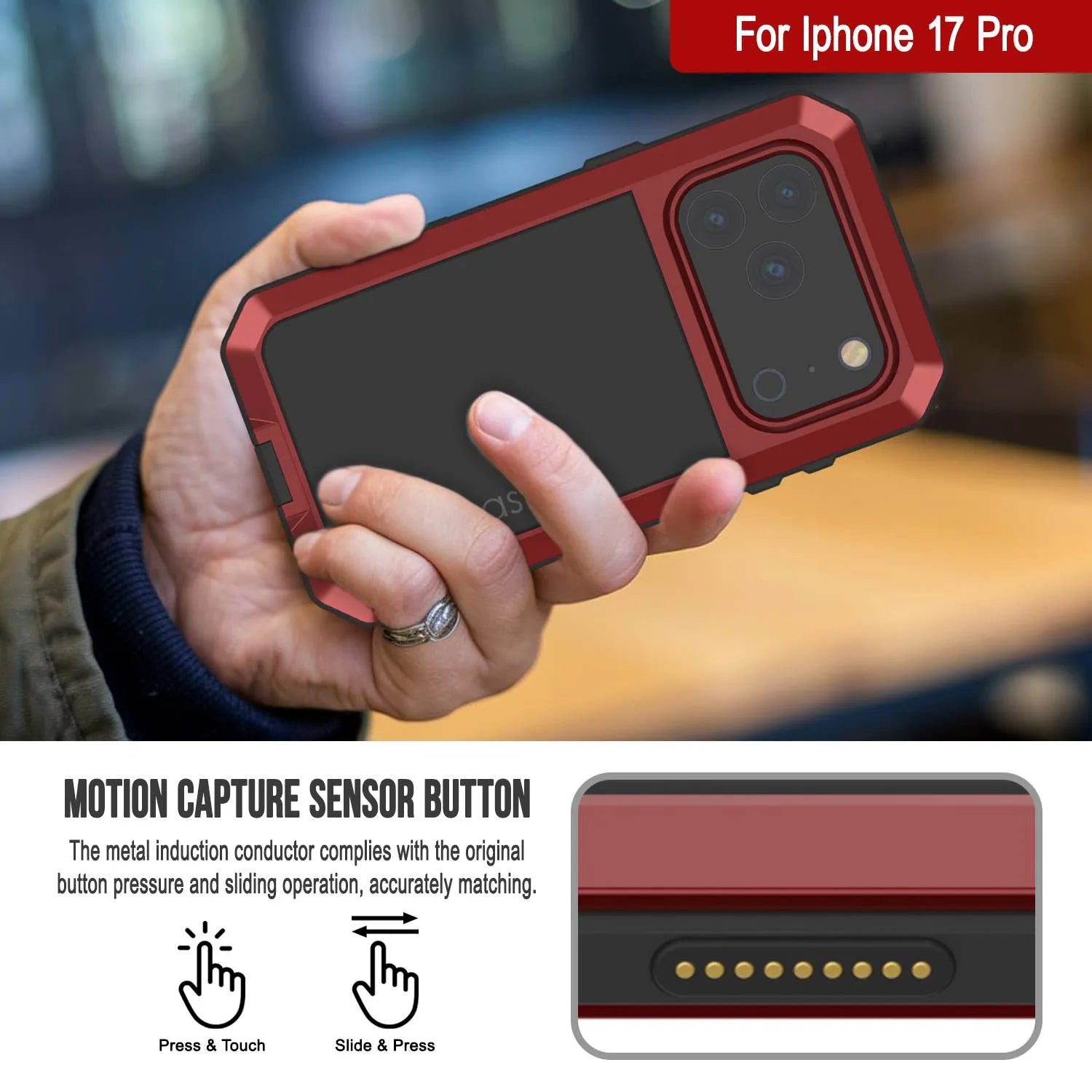iPhone 17 Pro Metal Case, Heavy Duty Military Grade Armor Cover [shock proof] Full Body Hard [Red]