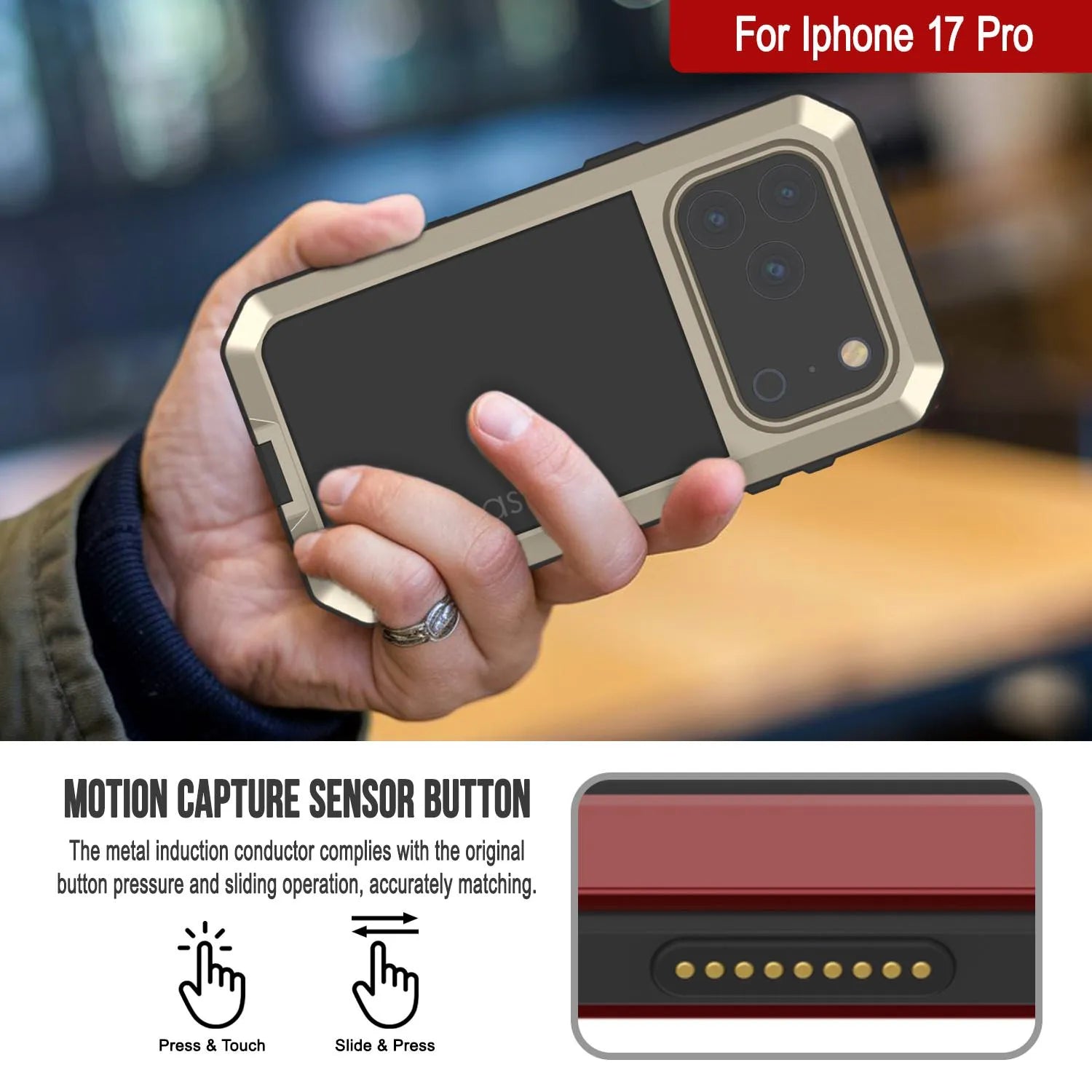 iPhone 17 Pro Metal Case, Heavy Duty Military Grade Armor Cover [shock proof] Full Body Hard [Gold]