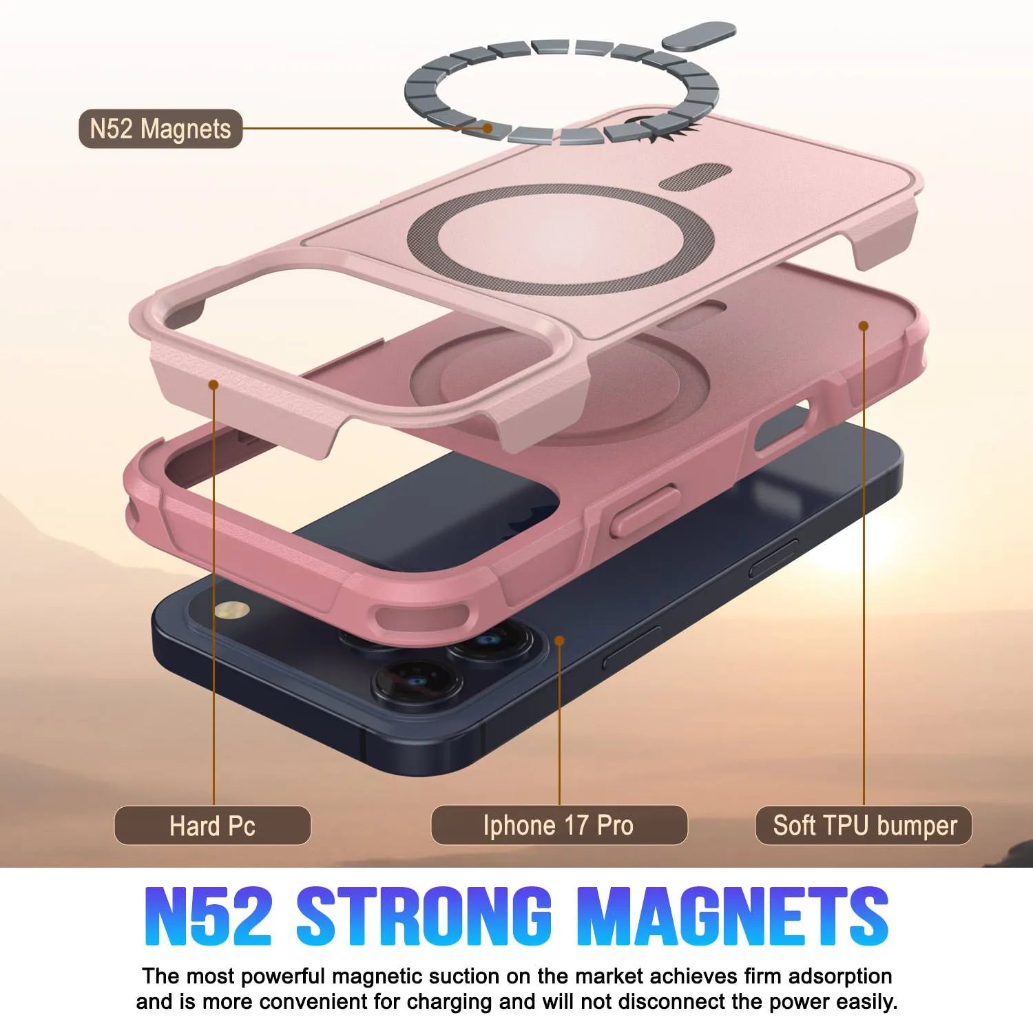 PunkCase iPhone 17 Pro Case, [Spartan 2.0 Series] Clear Rugged Heavy Duty Cover W/Built in Screen Protector [pink]