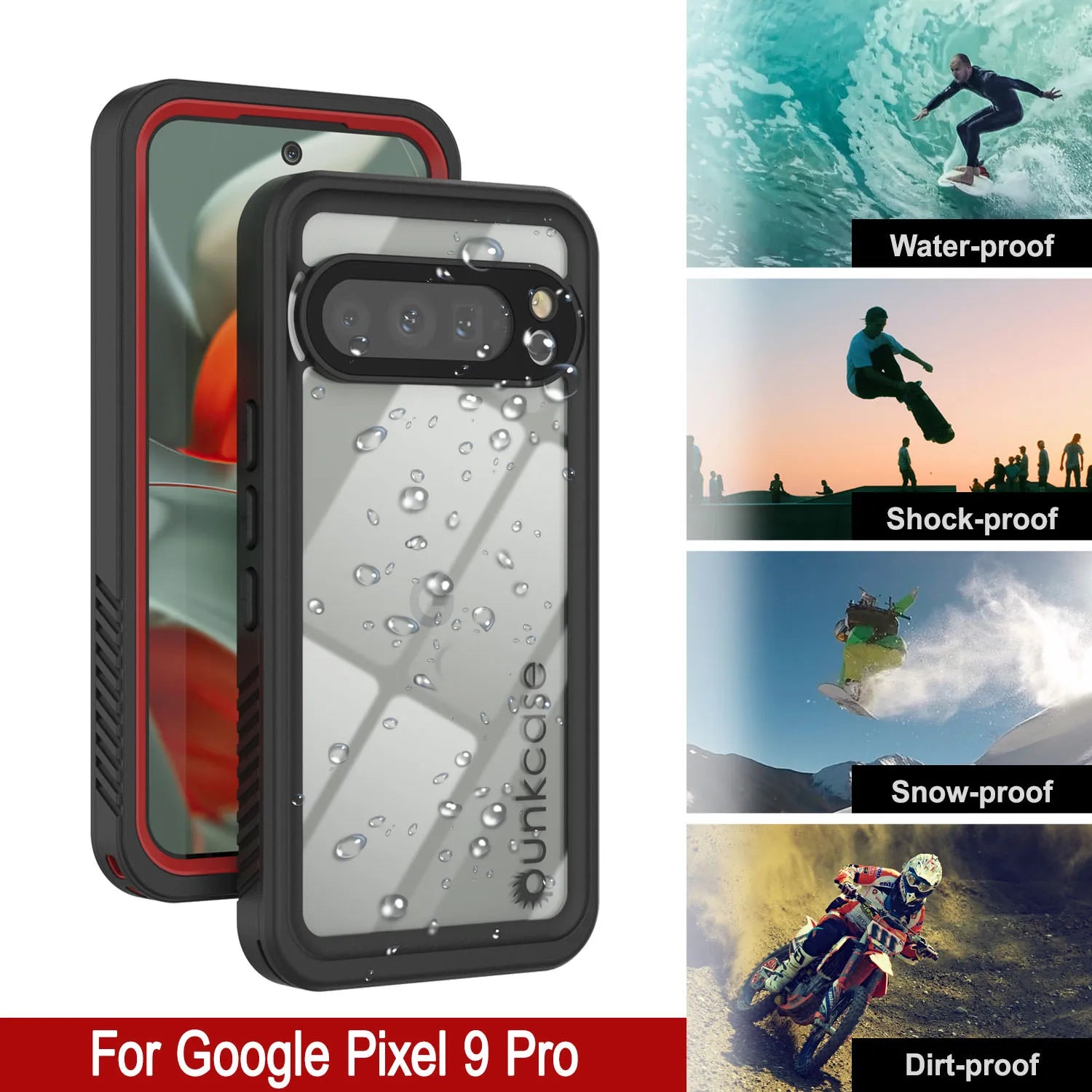 Google Pixel 9 Pro Waterproof Case, Punkcase [Extreme Series] Armor Cover W/ Built In Screen Protector [Red]
