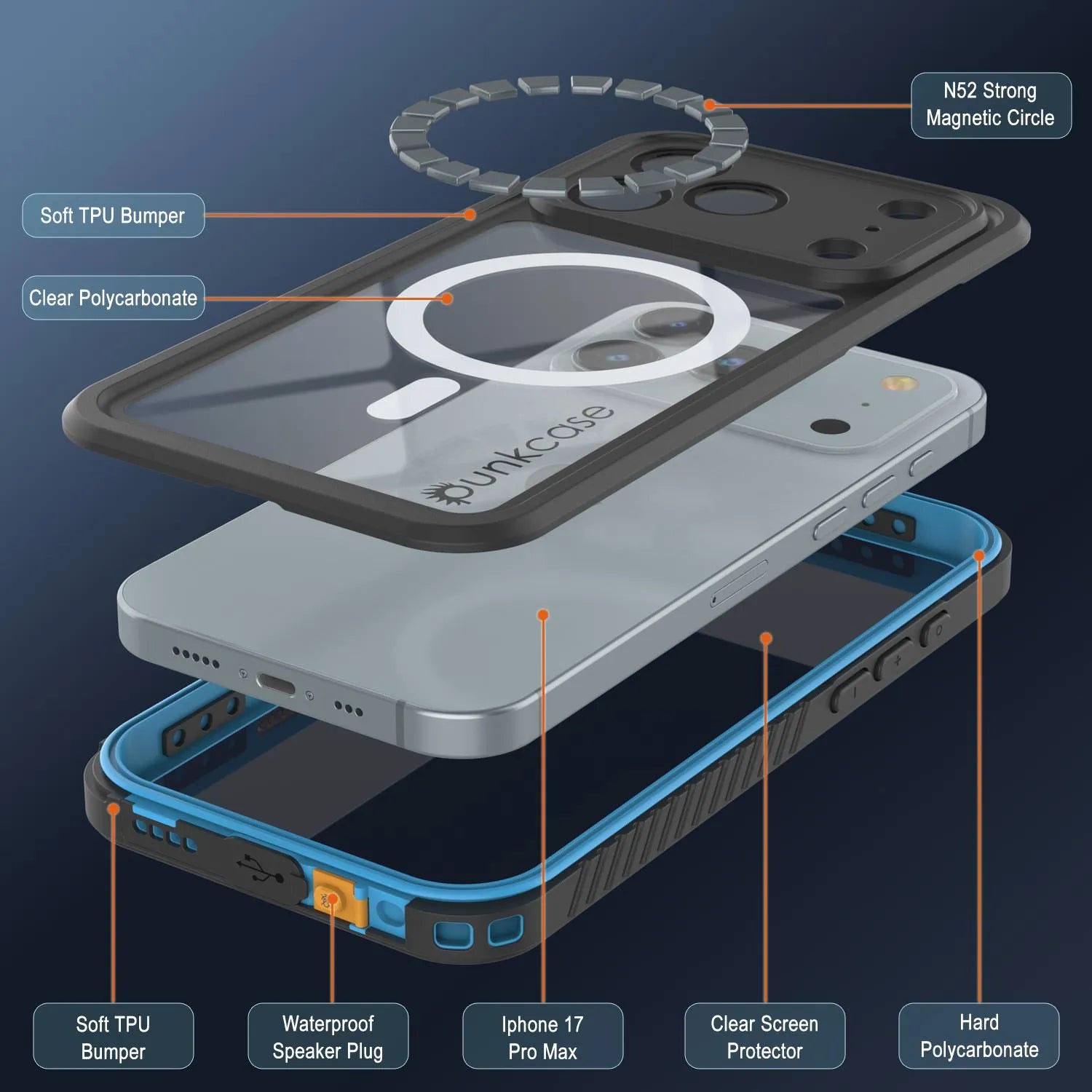iPhone 17 Pro Max Waterproof Case, Punkcase [Extreme Mag Series] Armor Cover W/ Built In Screen Protector [Blue]