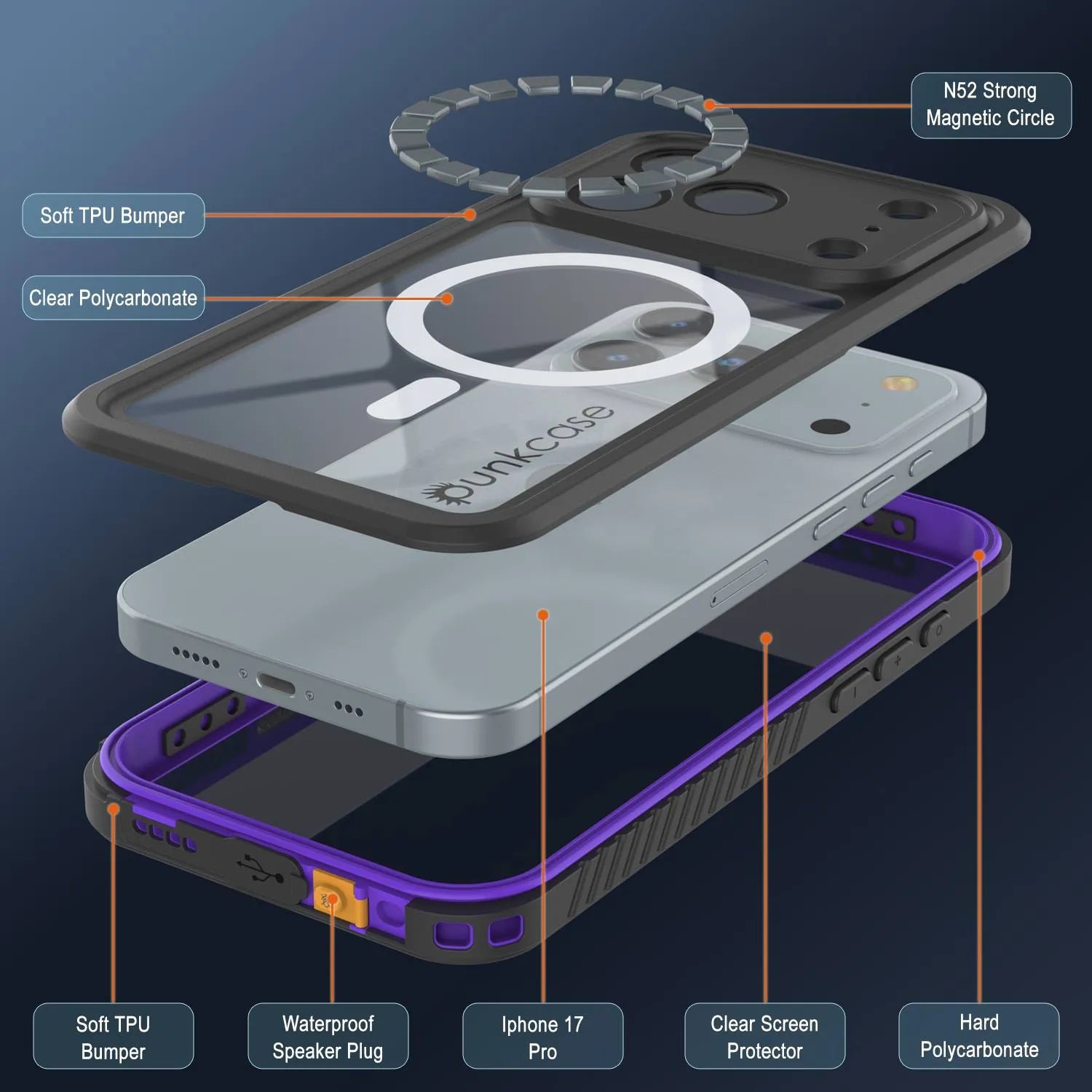 iPhone 17 Pro Waterproof Case, Punkcase [Extreme Mag Series] Armor Cover W/ Built In Screen Protector [Purple]