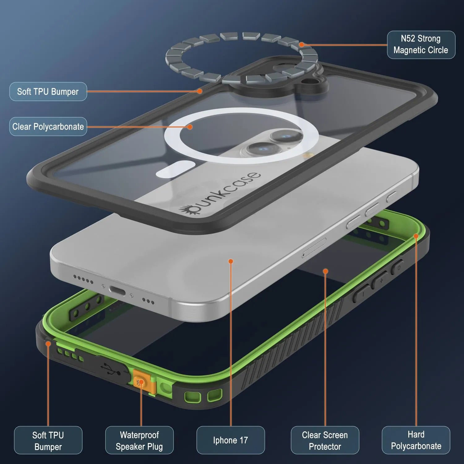 iPhone 17  Waterproof Case, Punkcase [Extreme Mag Series] Armor Cover W/ Built In Screen Protector [Green]