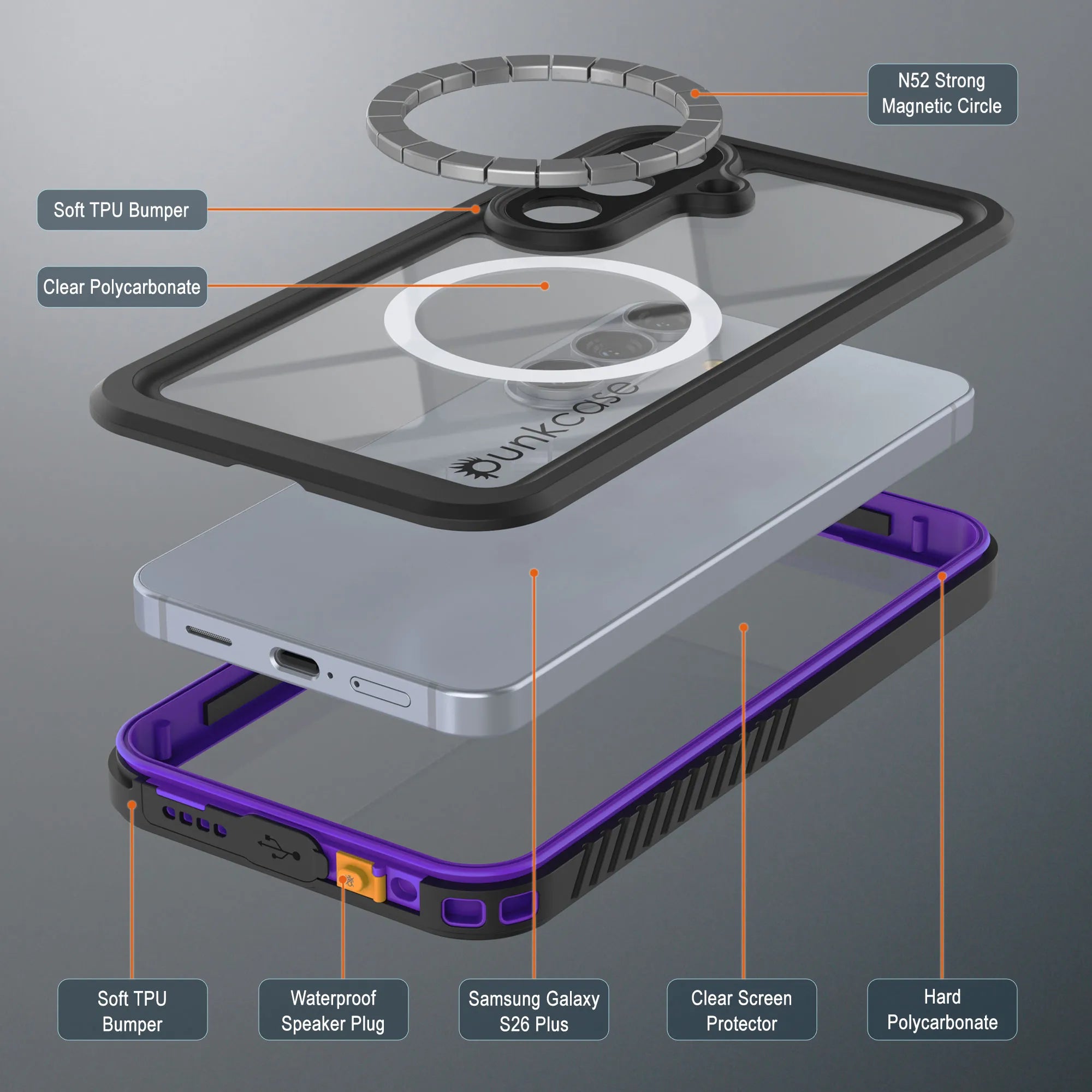 Galaxy S26 Plus Waterproof Case, Punkcase [Extreme Mag Series] Armor Cover W/ Built In Screen Protector [Purple]
