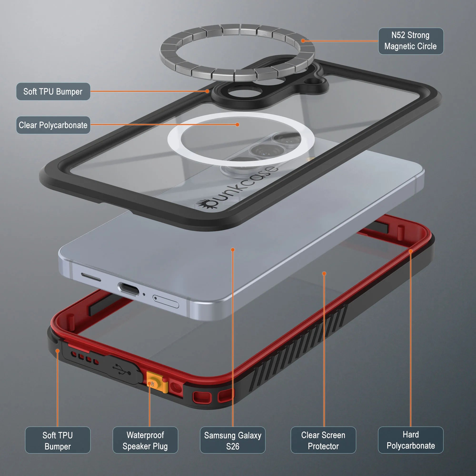 Galaxy S26 Waterproof Case, Punkcase [Extreme Mag Series] Armor Cover W/ Built In Screen Protector [Red]