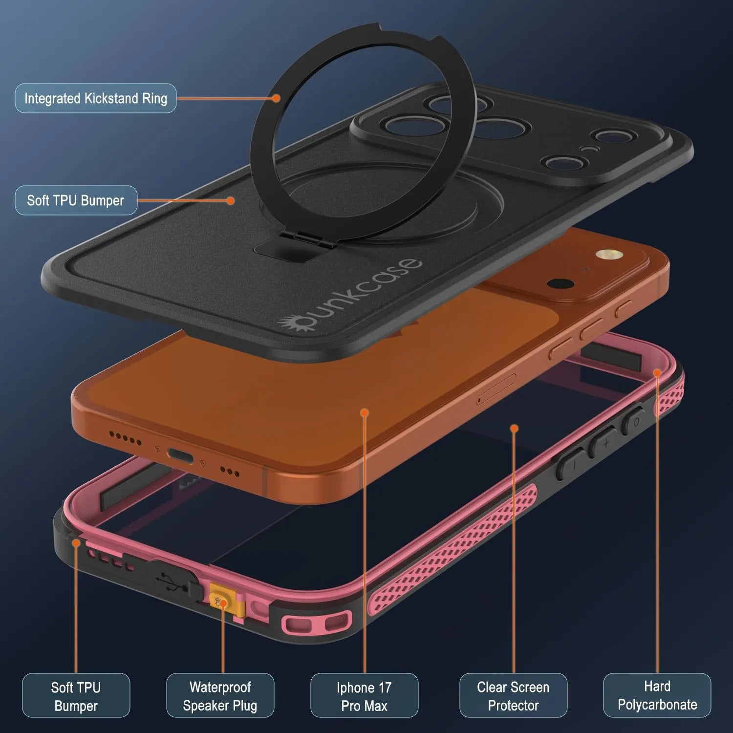 iPhone 17 Pro Max Waterproof Case [Kickstud 2.0 Series] Protective IP68 Cover W/Screen Protector & Kickstand [Pink]