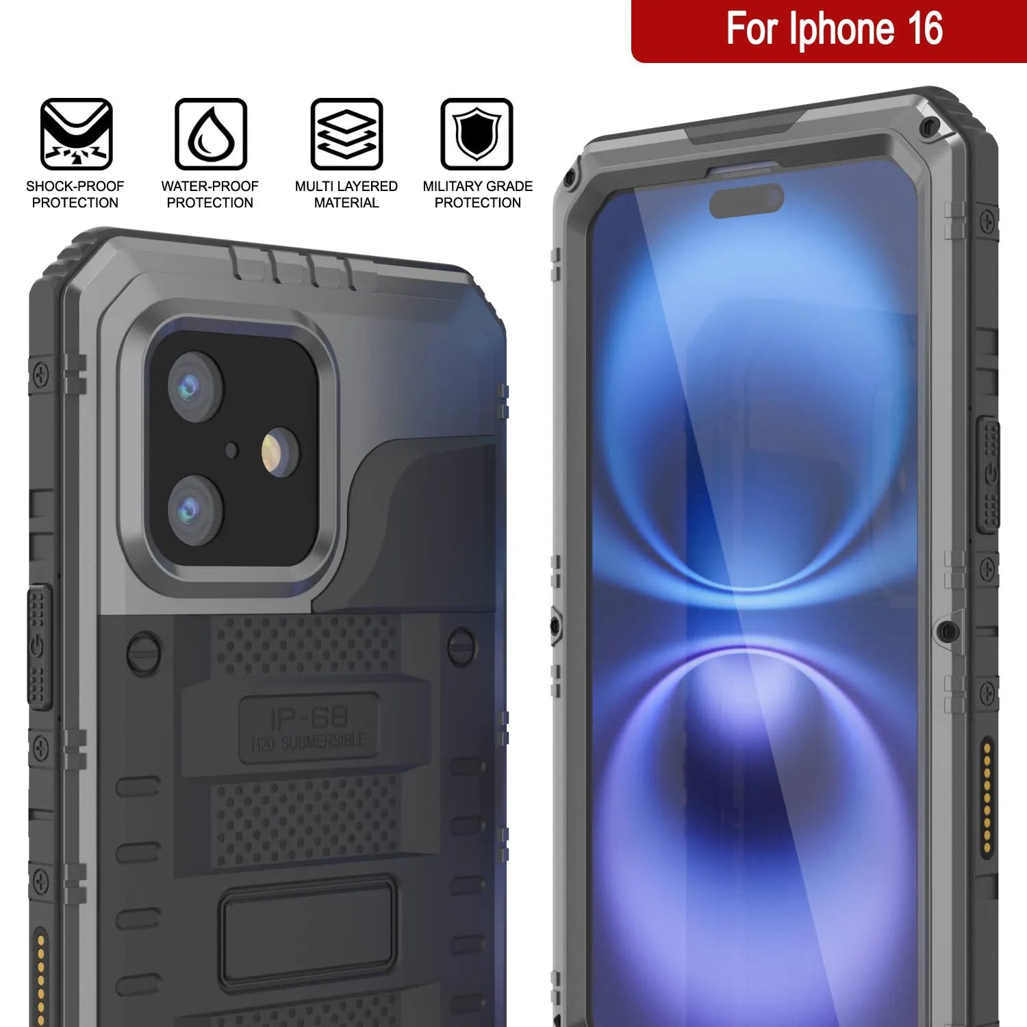 iPhone 16 Metal Extreme 3.0 Series Aluminum Waterproof Case IP68 W/Buillt in Screen Protector & Kickstand [Silver]