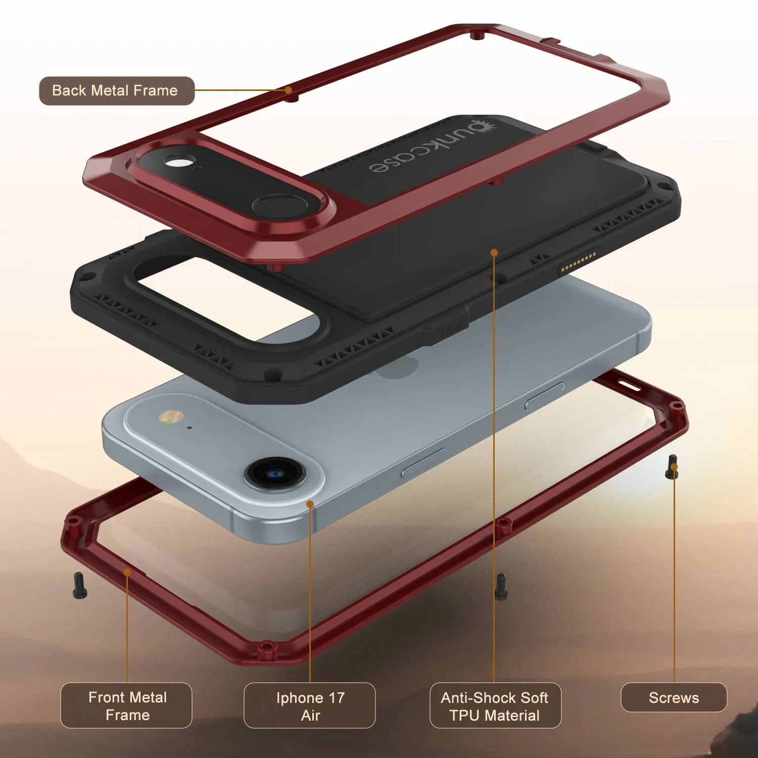 iPhone 17 Air Metal Case, Heavy Duty Military Grade Armor Cover [shock proof] Full Body Hard [Red]