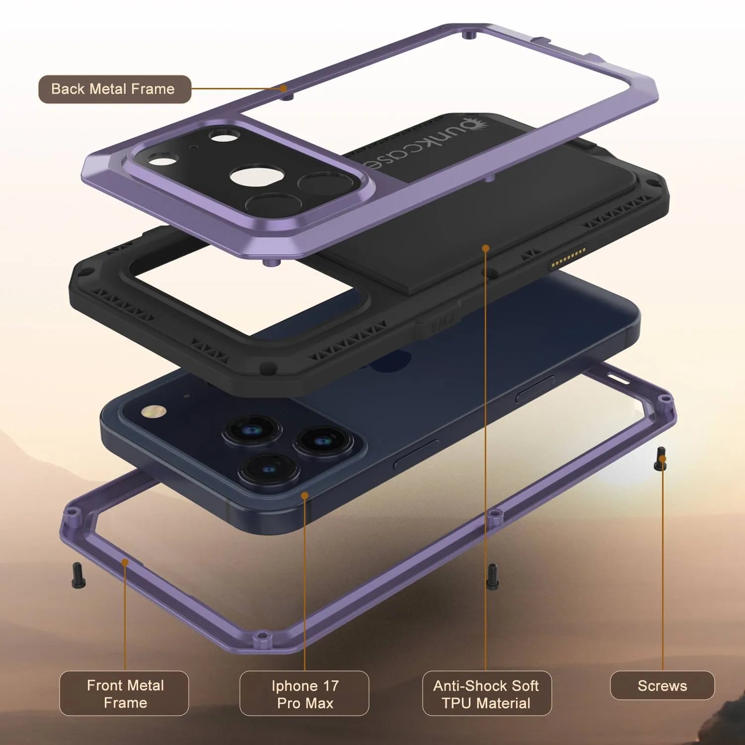 iPhone 17 Pro Max Metal Case, Heavy Duty Military Grade Armor Cover [shock proof] Full Body Hard [Purple]