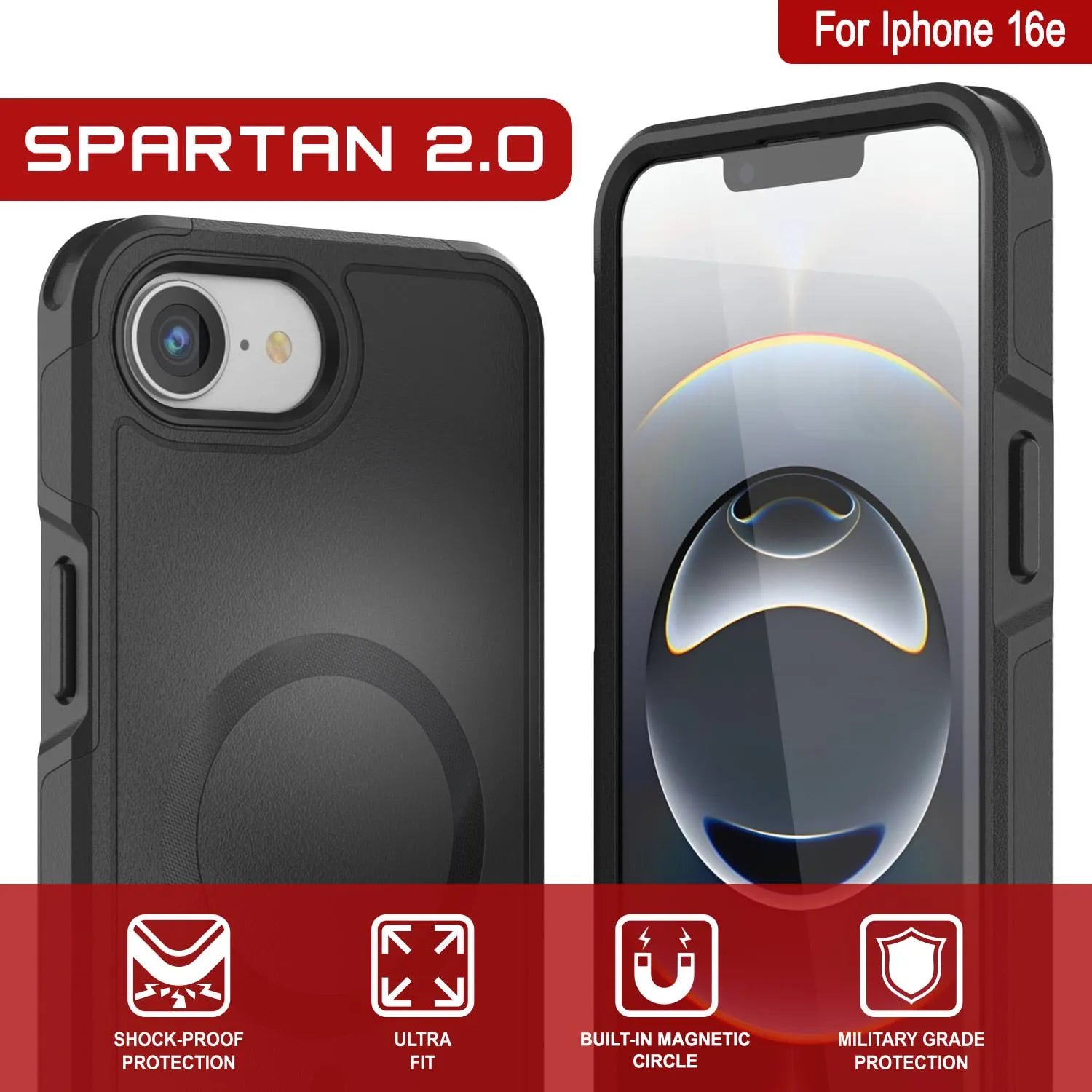 PunkCase iPhone 16e Case, [Spartan 2.0 Series] Clear Rugged Heavy Duty Cover W/Built in Screen Protector [Black]