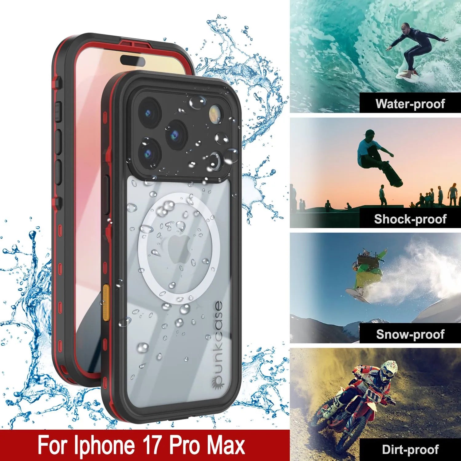 iPhone 17 Pro Max Waterproof IP68 Case, Punkcase [Red] [StudStar Series] [Slim Fit]