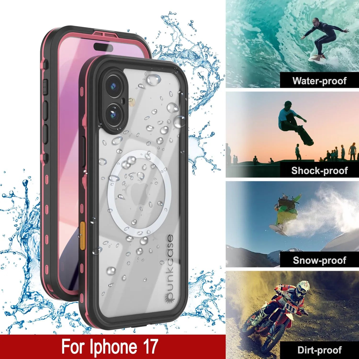 iPhone 17 Waterproof IP68 Case, Punkcase [Pink] [StudStar Series] [Slim Fit] [Dirtproof]