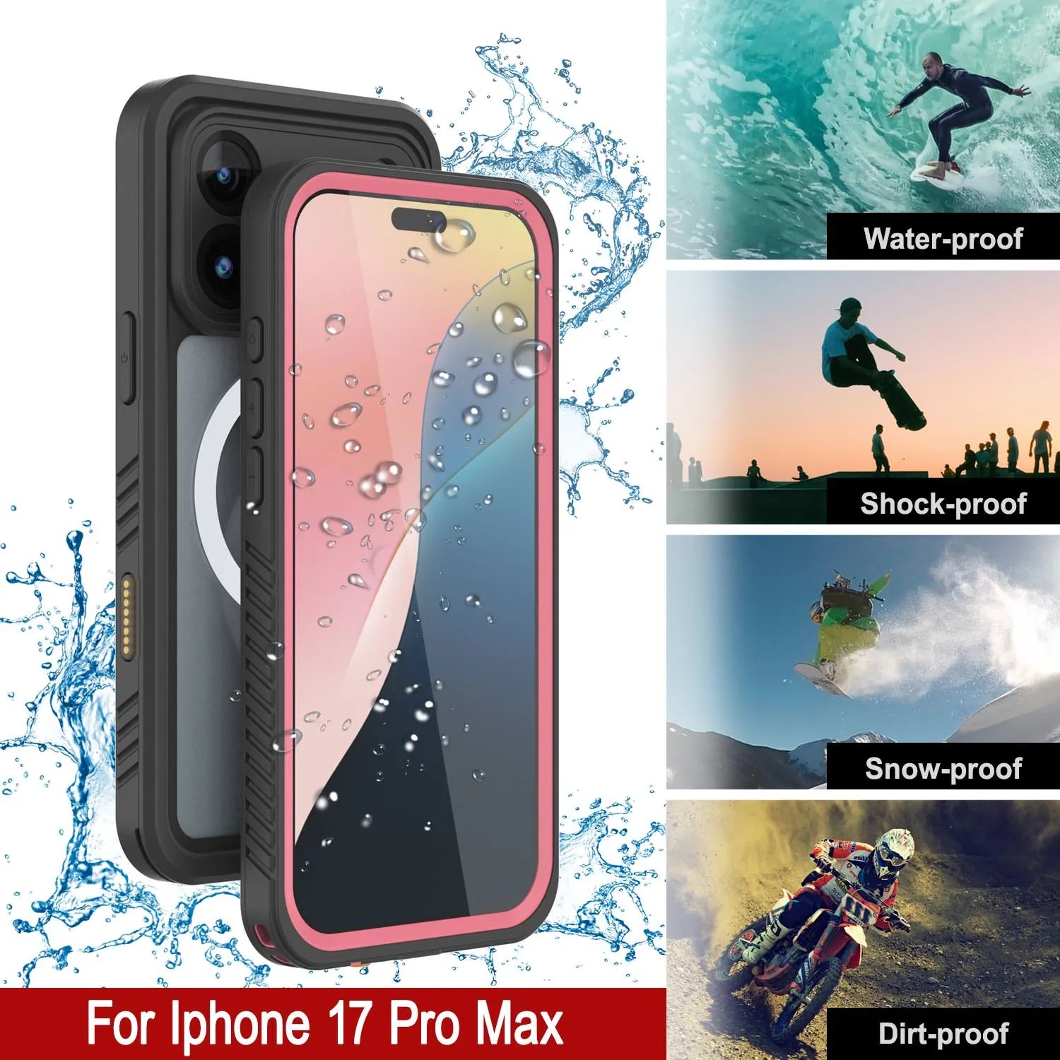 iPhone 17 Pro Max Waterproof Case, Punkcase [Extreme Series] Armor Cover W/ Built In Screen Protector [Pink]