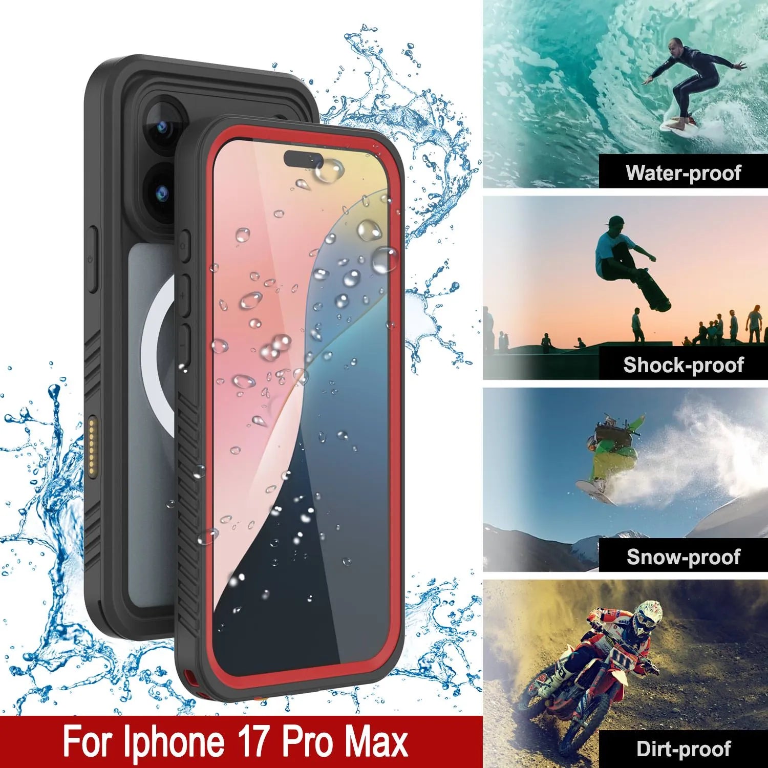 iPhone 17 Pro Max Waterproof Case, Punkcase [Extreme Mag Series] Armor Cover W/ Built In Screen Protector [Red]