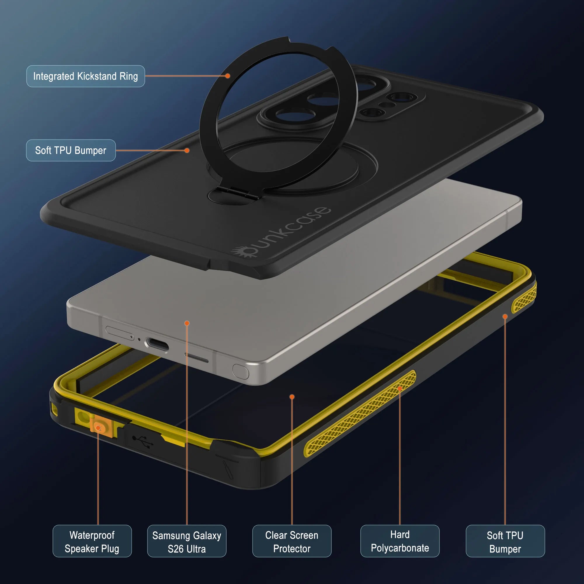 Galaxy S26 Ultra Waterproof Case [Kickstud 2.0 Series] Protective IP68 Cover W/Screen Protector & Kickstand [Yellow]