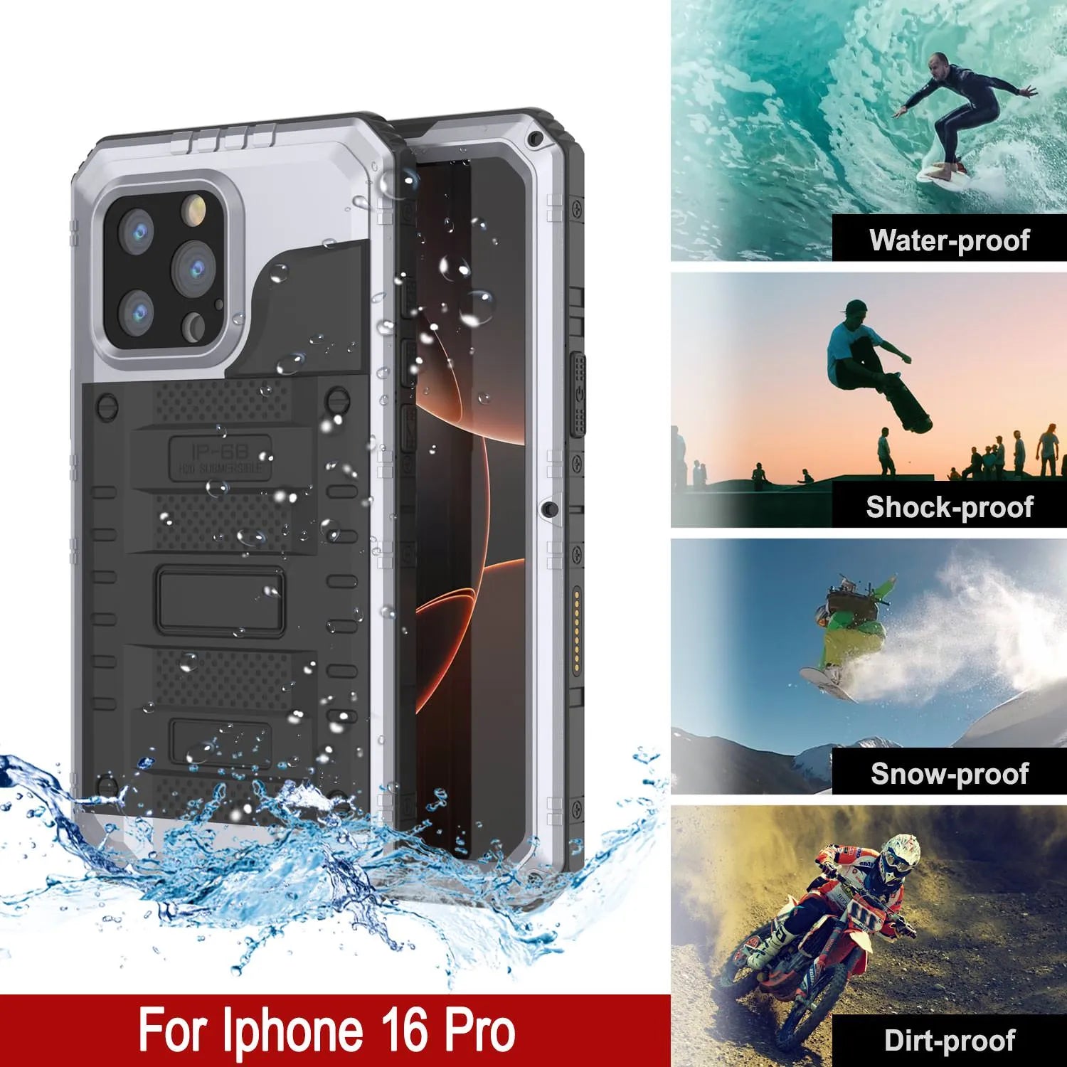 iPhone 16 Pro Metal Extreme 3.0 Series Aluminum Waterproof Case IP68 W/Buillt in Screen Protector & Kickstand [White]
