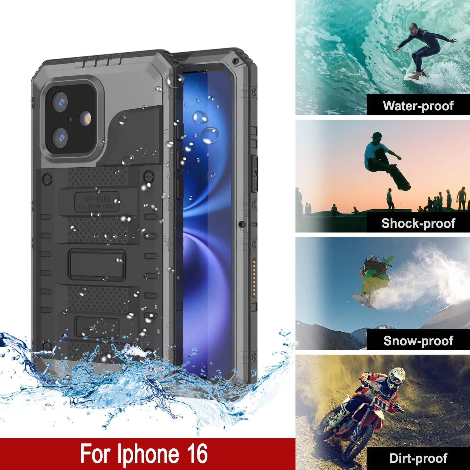 iPhone 16 Metal Extreme 3.0 Series Aluminum Waterproof Case IP68 W/Buillt in Screen Protector & Kickstand [Silver]
