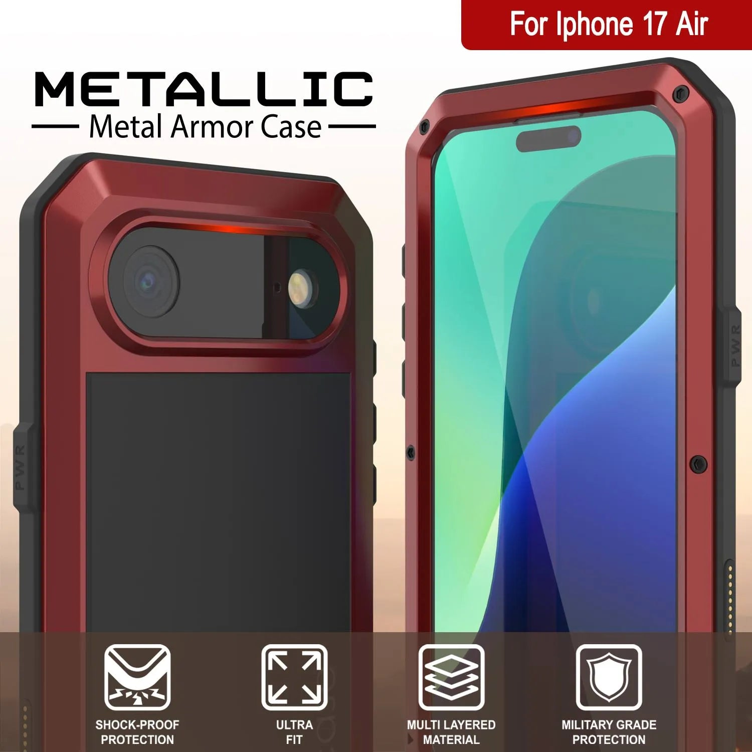 iPhone 17 Air Metal Case, Heavy Duty Military Grade Armor Cover [shock proof] Full Body Hard [Red]
