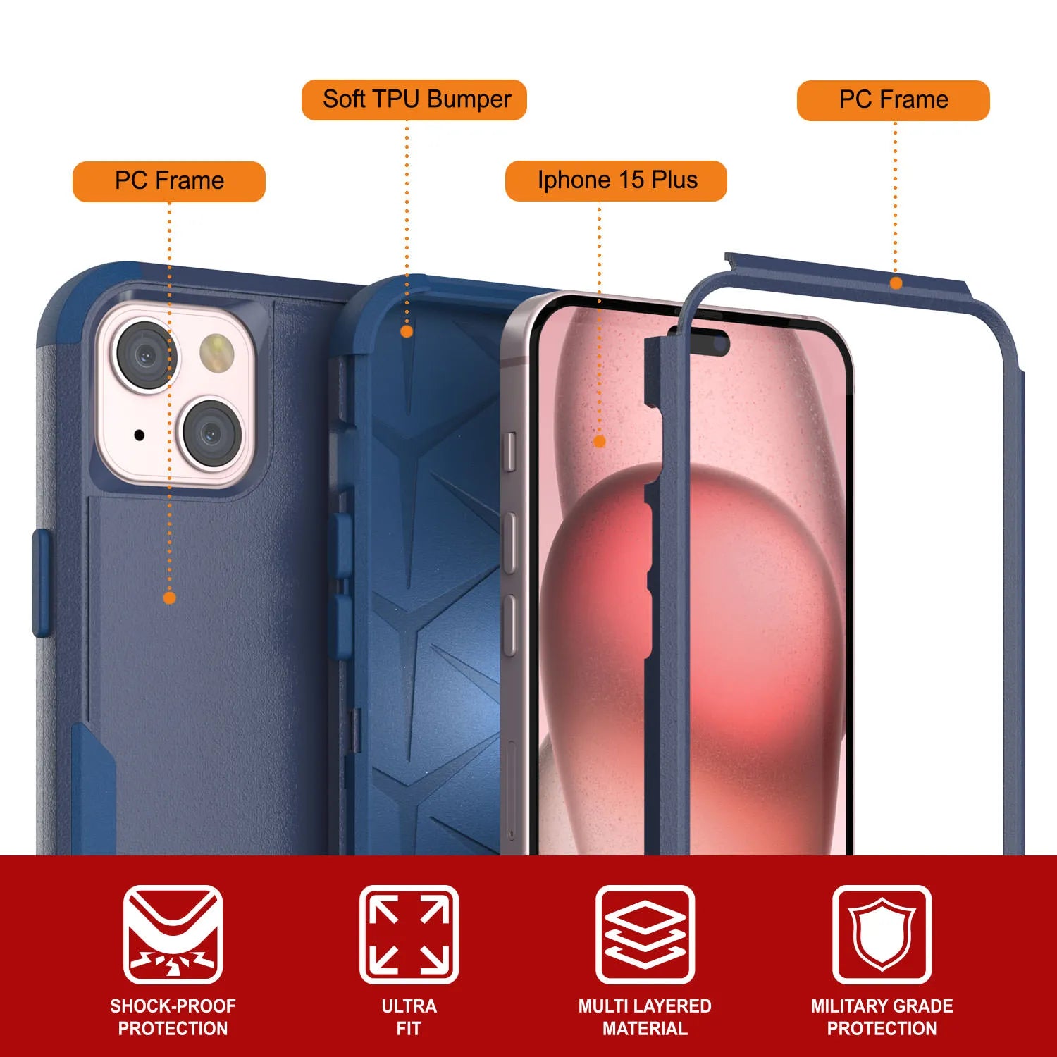 Punkcase for iPhone 15 Plus Belt Clip Multilayer Holster Case [Patron Series] [Navy]