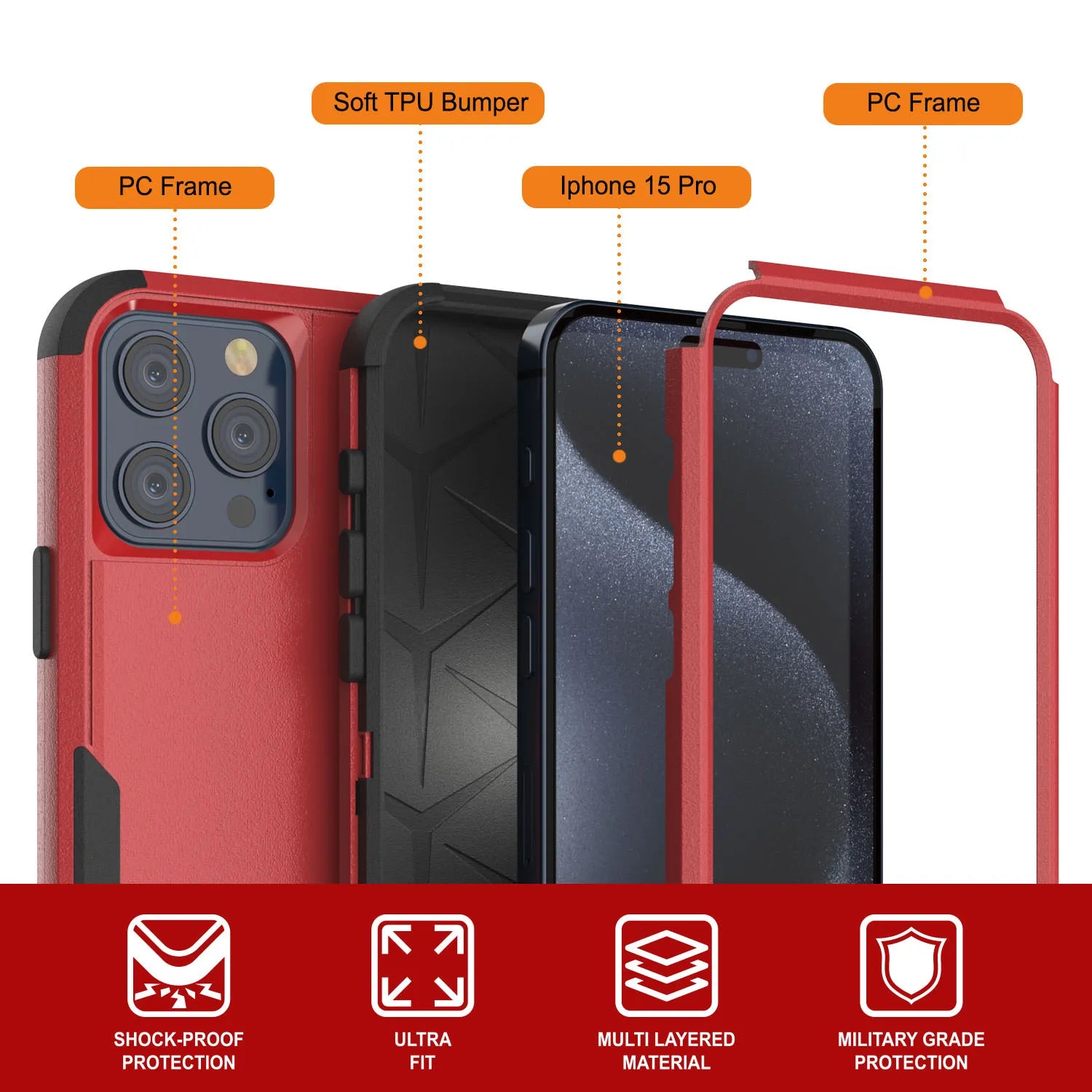 Punkcase for iPhone 15 Pro Belt Clip Multilayer Holster Case [Patron Series] [Red-Black]