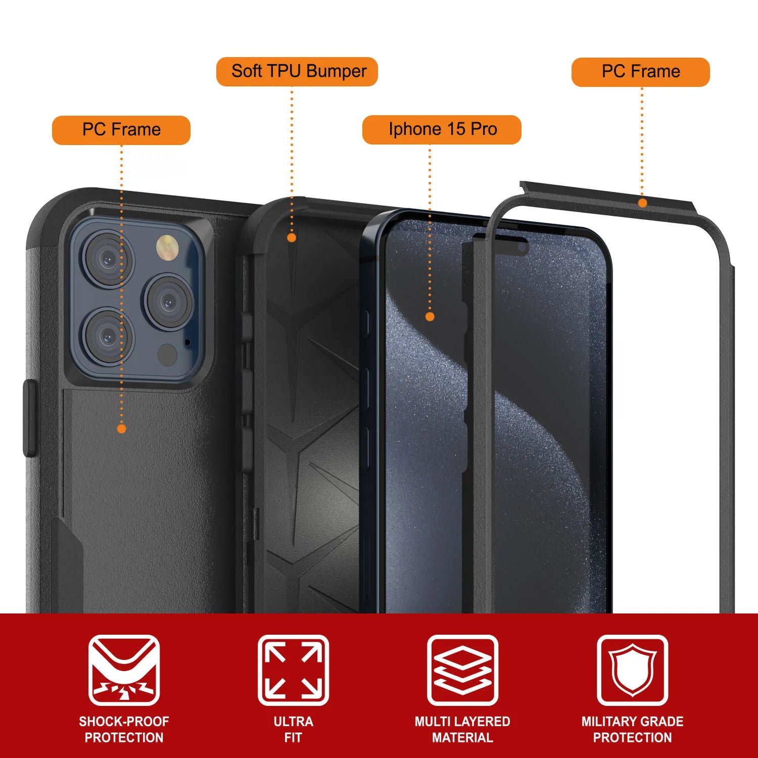Punkcase for iPhone 15 Pro Belt Clip Multilayer Holster Case [Patron Series] [Black]