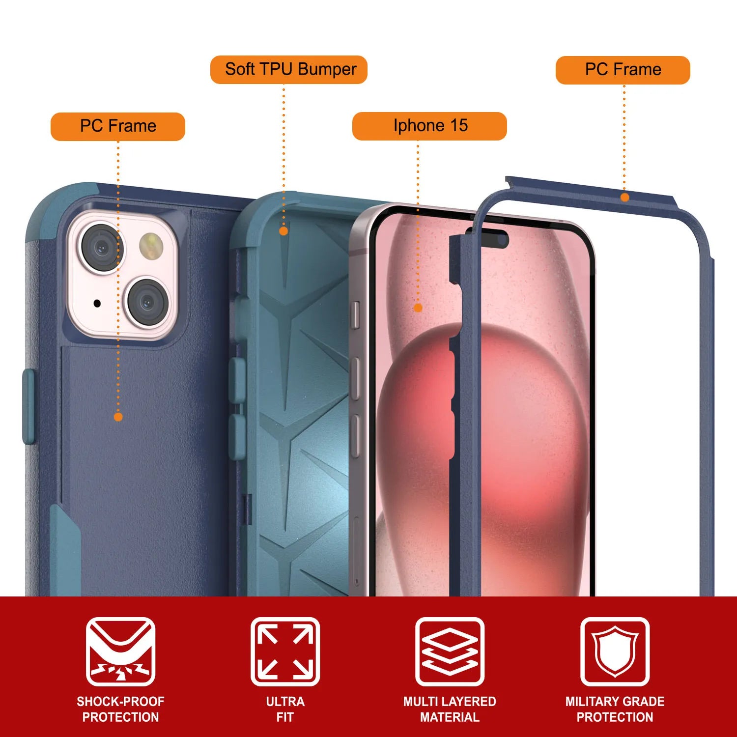Punkcase for iPhone 15 Belt Clip Multilayer Holster Case [Patron Series] [Navy Blue]