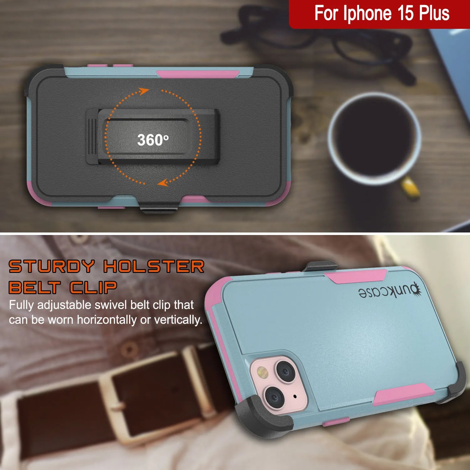 Punkcase for iPhone 15 Plus Belt Clip Multilayer Holster Case [Patron Series] [Mint-Pink]