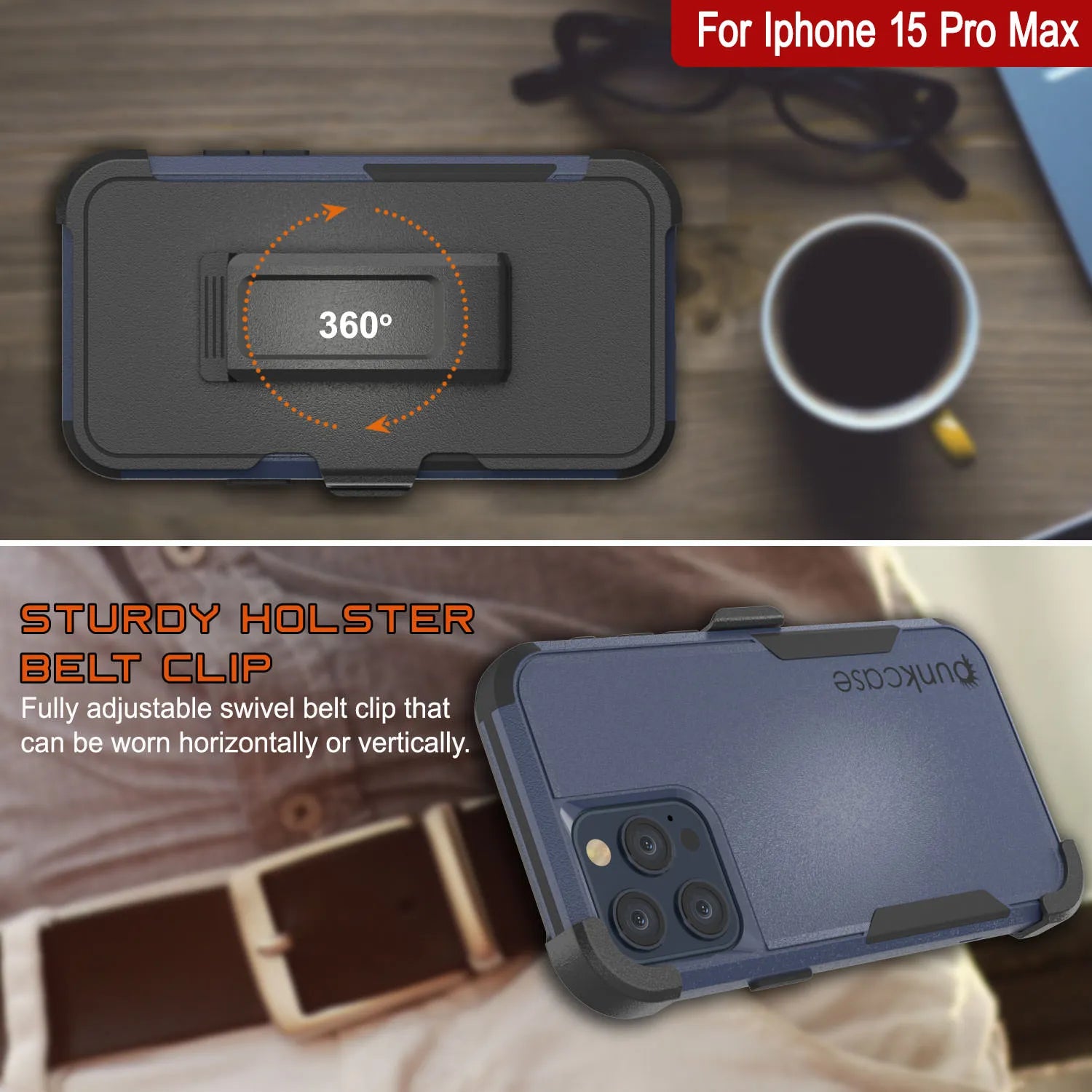 Punkcase for iPhone 15 Pro Max Belt Clip Multilayer Holster Case [Patron Series] [Navy Black]